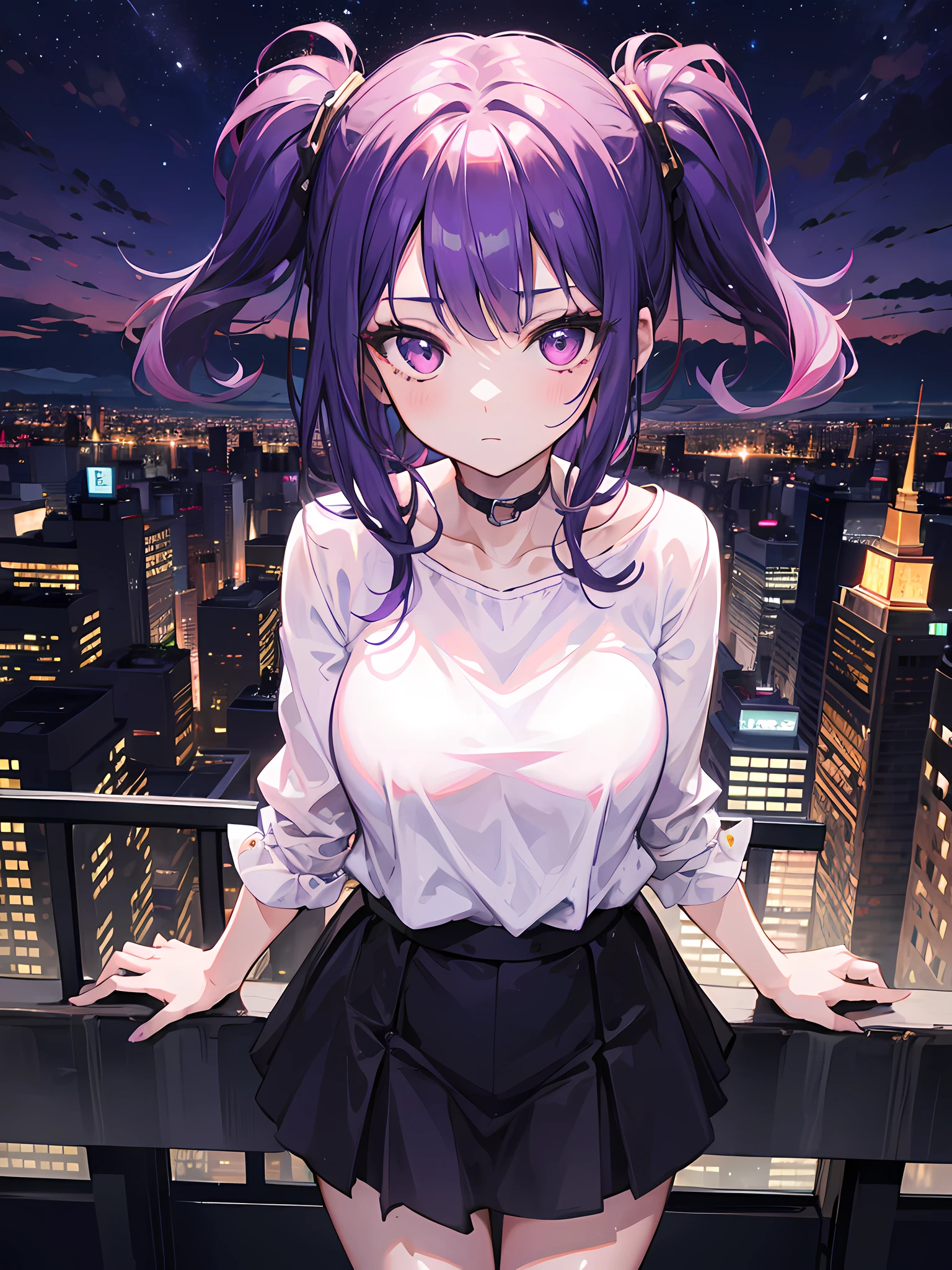 1girl, purple hair, pink eyes, wearing purple casual outfit, city night, absurdes, high res, ultrasharp, 8K, masterpiece, looking at viewer