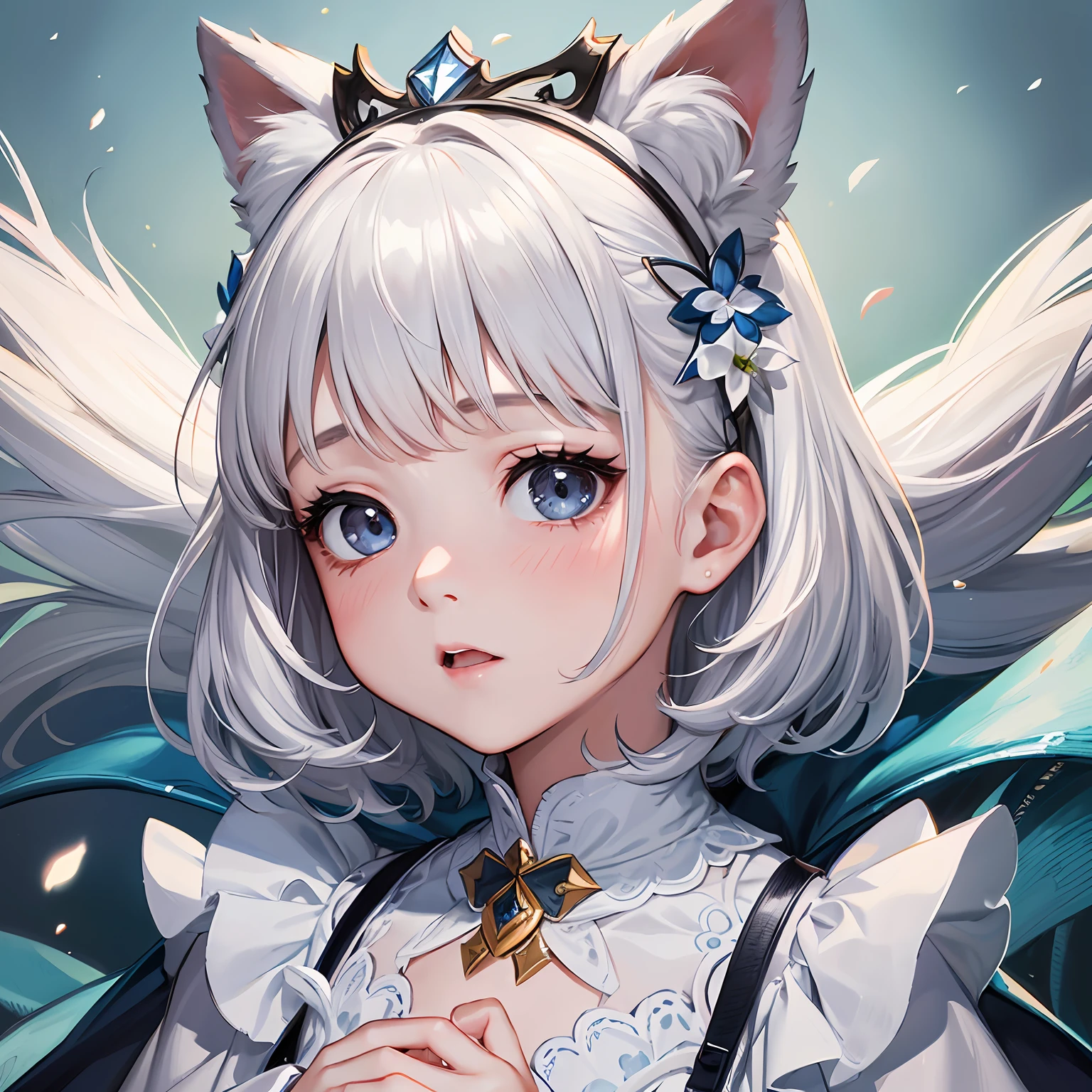 ​masterpiece、top-quality、hight resolution、High-quality images、8K、1little girl、Infant face、detaileds、Detailed eye depiction、Detailed expression of each hair、skin gloss、shinny hair、White Shorthair、hair as soft as fluff、portlate、softfocus、14 year old dream、crybaby