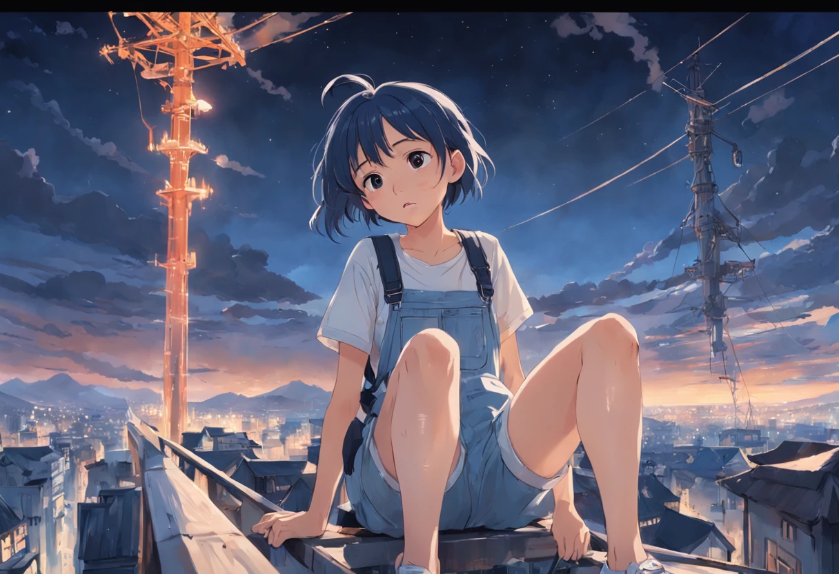 in style of hayao miyazaki,(Hayao Miyazaki animated film:1.4),1 Outdoor girls,Denim suspenders,short- sleeved,athletic sneakers,short hair ponytail, late, starrysky, in a panoramic view, scenecy, horizon,Town rooftop, sitting on rooftop, ventania,The wind ruffled the long hair,super-fine,Works of masters,high qulity,8K分辨率,depth of fields,电影灯光,Epic shooting,high qulity,super-fine,Detailed pubic hair,Accurate,Cinematic lighting,((best qualtiy)), ((tmasterpiece)), (A detailed:1.4),Enhanced dynamic perspective