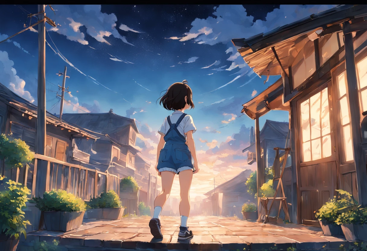 in style of hayao miyazaki,(Hayao Miyazaki animated film:1.4),1 Outdoor girls,Denim suspenders,short- sleeved,athletic sneakers,short hair ponytail, late, starrysky, in a panoramic view, scenecy, horizon,Town rooftop, sitting on rooftop, ventania,The wind ruffled the long hair,super-fine,Works of masters,high qulity,8K分辨率,depth of fields,电影灯光,Epic shooting,high qulity,super-fine,Detailed pubic hair,Accurate,Cinematic lighting,((best qualtiy)), ((tmasterpiece)), (A detailed:1.4),Enhanced dynamic perspective