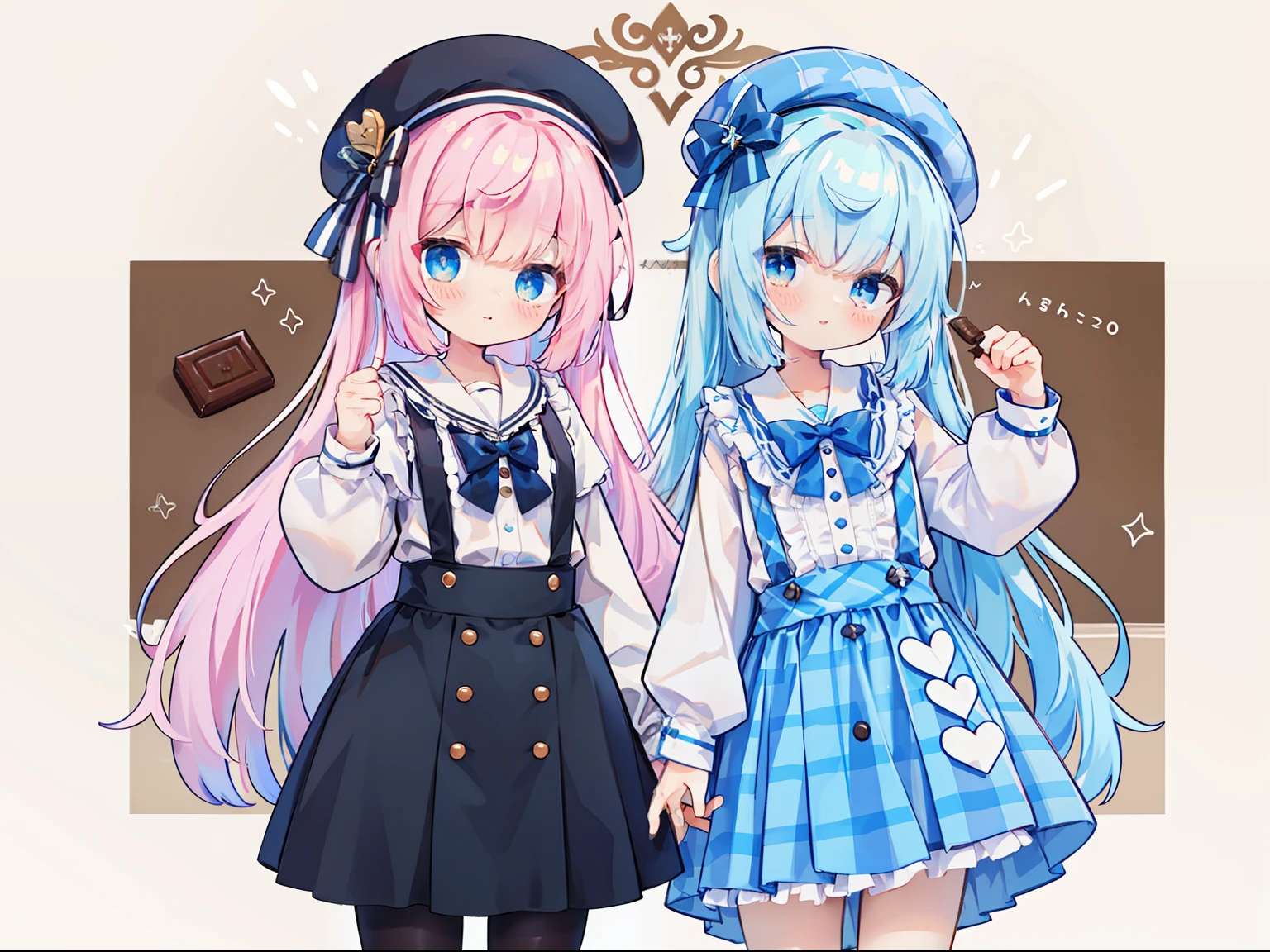 extremely detailed CG unified 8k wallpaper, very fine 8KCG wallpaper, absurderes，Lori ，Best Quality ，ultra-detailliert ，Beautiful face  ，​masterpiece、Show from head to waist、a girl is standing、top-quality(​masterpiece), top-quality, Multiple people、twinsies、 lightblue hair、Two-side-up、lightblue hair、Brown Beret、Plaid Suspender Skirt、Chocolate Mint、light blue  eyes、Light blue shirt、Brown Ribbon、cute little、​masterpiece、top-quality、Top image quality