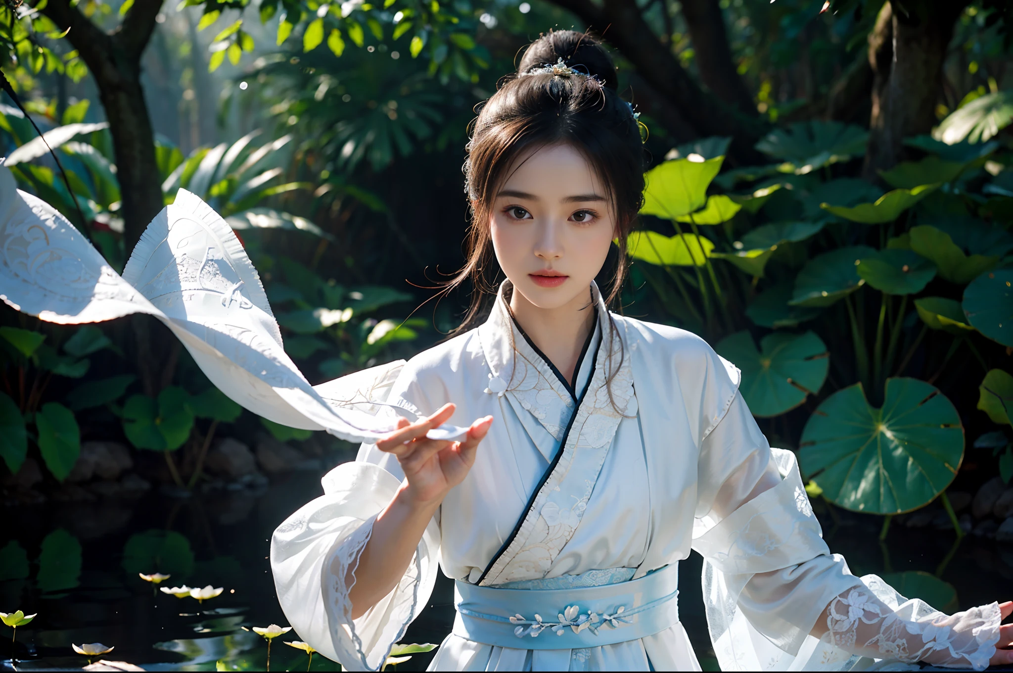 Realistic, close-up, intricate details, super detailed, natural skin texture, 1 girl, hair bundle, bun, beautiful Chinese woman in white hanfu robe cloak, fairy, white mist, golden light, white mist, outdoors, in Hangzhou West Lake, in ancient Chinese pavilion, (colorful, vivid, sunny, cool light: 1.2) lotus leaves in pond, delicate facial details, dynamic poses, exquisite details, wide field of view, epic details, global illumination - ar 3:2 - q 5 - v 5.1 - Style RAW-S 750, style influenced by ancient Chinese art, complex, high detail, sharp focus, dramatic, photorealistic painting art, lotus leaf, spring rain, bright, light, atmosphere, bright tones of spring, super detail, 16k, best quality, soft light, space, crystal clear, natural light, surreal photography,