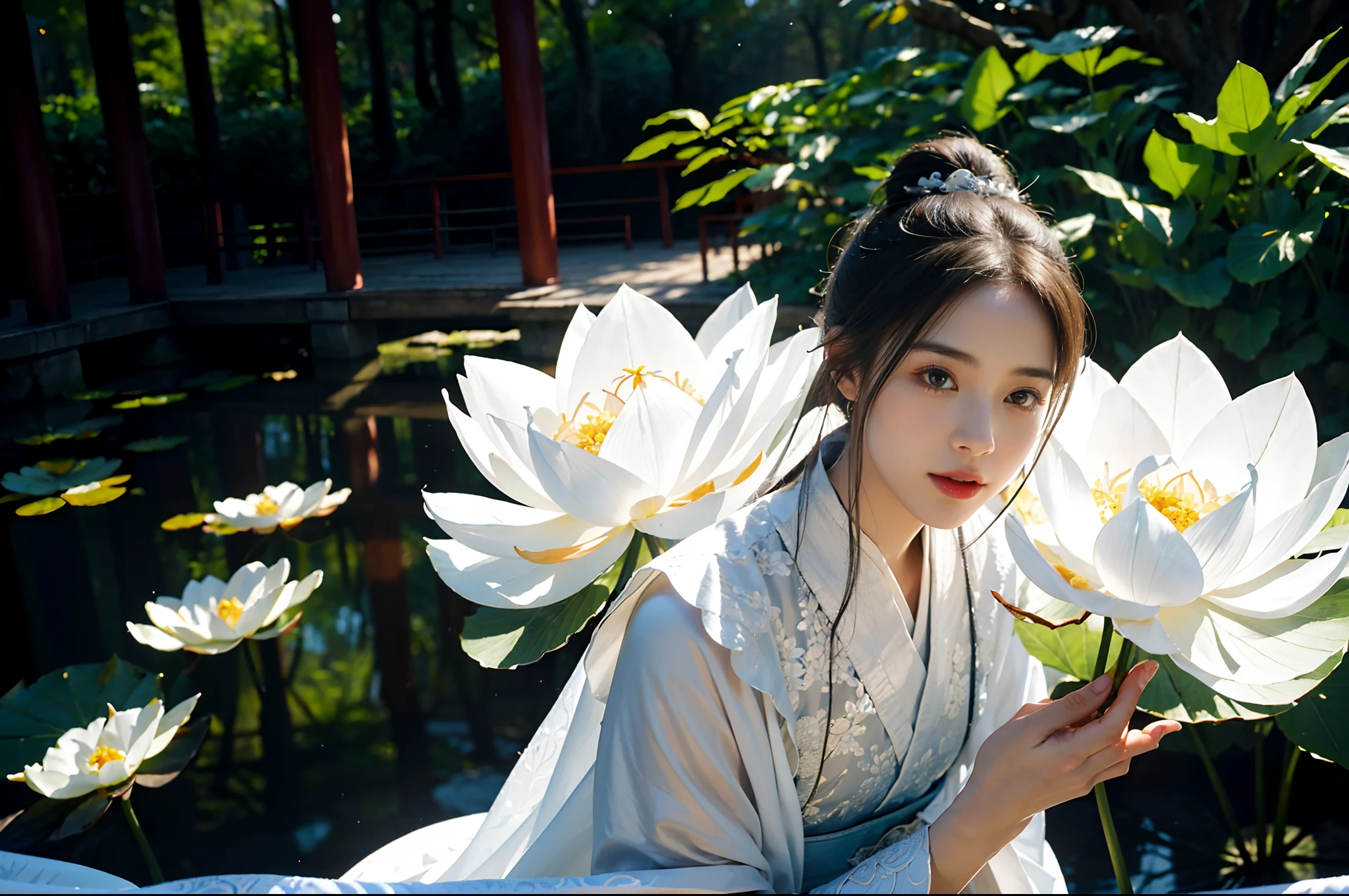 Realistic, close-up, intricate details, super detailed, natural skin texture, 1 girl, hair bundle, bun, beautiful Chinese woman in white hanfu robe cloak, fairy, white mist, golden light, white mist, outdoors, in Hangzhou West Lake, in ancient Chinese pavilion, (colorful, vivid, sunny, cool light: 1.2) lotus leaves in pond, delicate facial details, dynamic poses, exquisite details, wide field of view, epic details, global illumination - ar 3:2 - q 5 - v 5.1 - Style RAW-S 750, style influenced by ancient Chinese art, complex, high detail, sharp focus, dramatic, photorealistic painting art, lotus leaf, spring rain, bright, light, atmosphere, bright tones of spring, super detail, 16k, best quality, soft light, space, crystal clear, natural light, surreal photography,