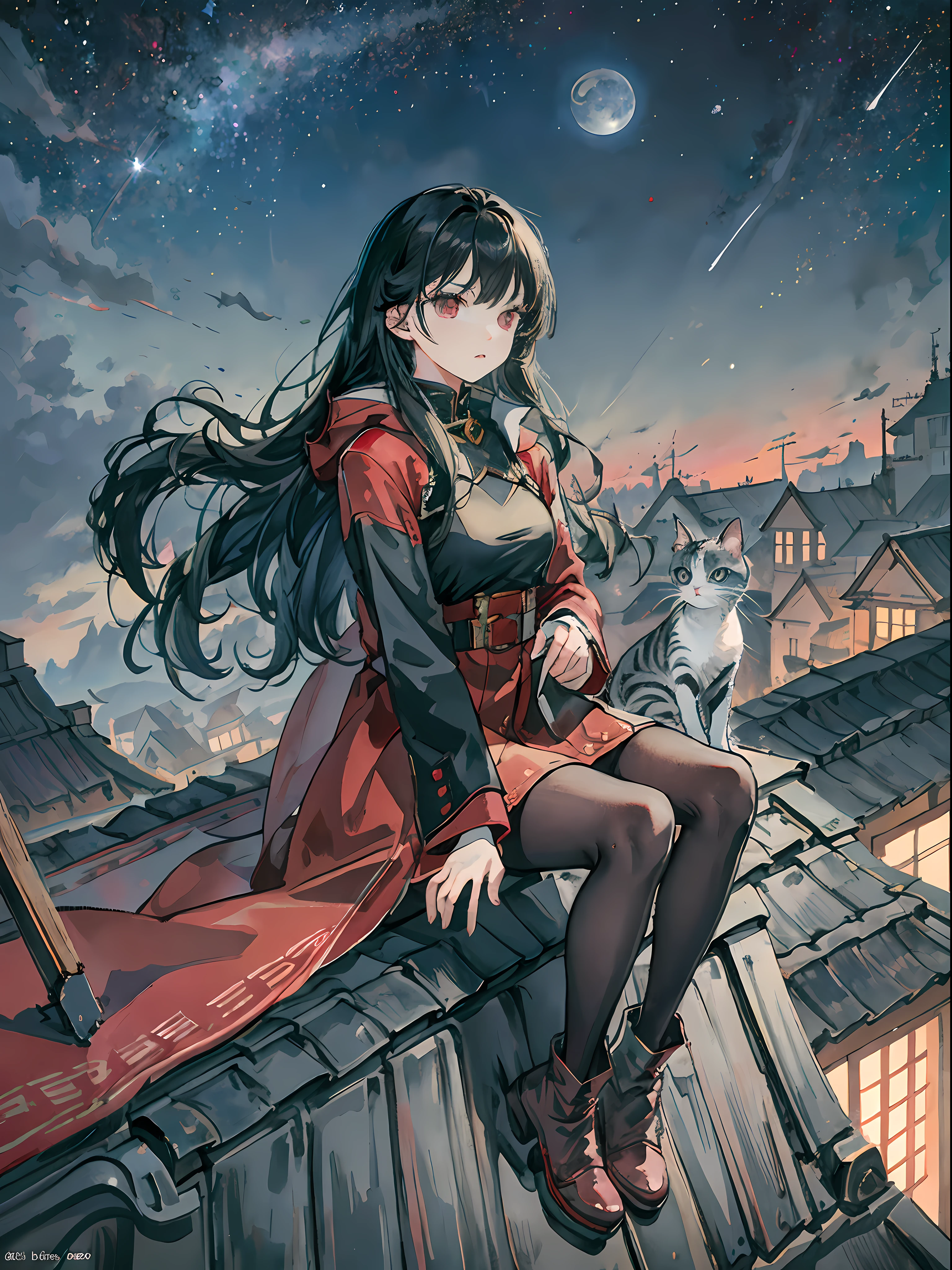 There is 1 girl and 1 kitten on the roof,full_Body,(Tall:1.1),black_Hair,Long_Hair,Thick_Hair,bangs,Red_Eyes,mediating_Breasts,Sitting,Coat,Shorts,Pantyhose, Boots, sitting on rooftop, The kitten crouched next to her,scenery, horizon, the roof,Moon,Night sky, Star, Masterpiece,Best quality,A high resolution,absurderes, Break,