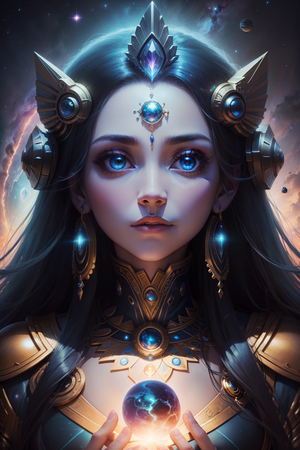 Photo of the face of the goddess of knowledge, kosmos, milky ways, deep space, Starship, universe background, the technology of the future, Stone Temple, visionary art, Human consciousness