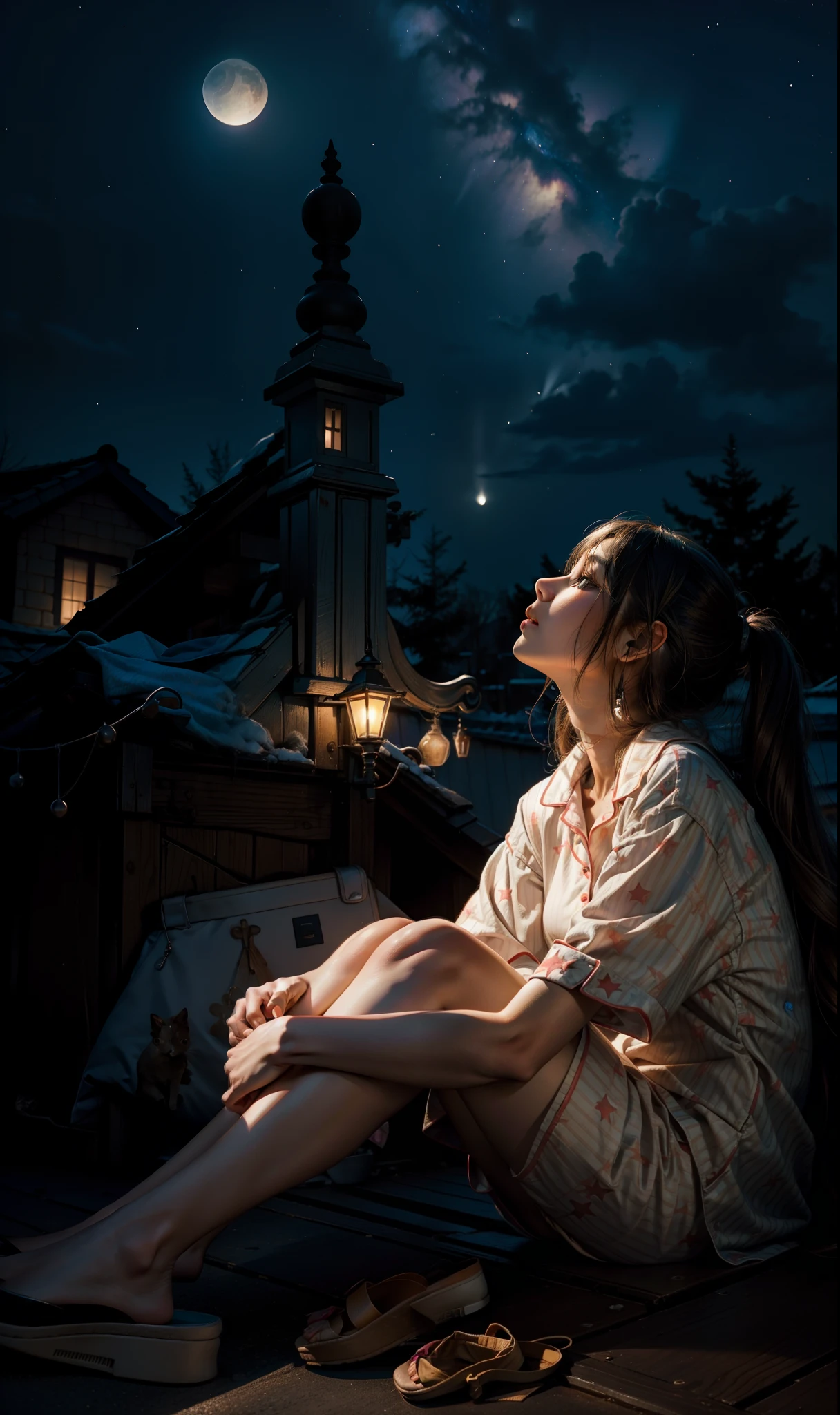 tmasterpiece,high qulity,1girll,wearing pajamas,Hugging your legs,Sit on the roof,Look up at the night sky,starrysky,lamplight,Soft lighting,complementary colour,