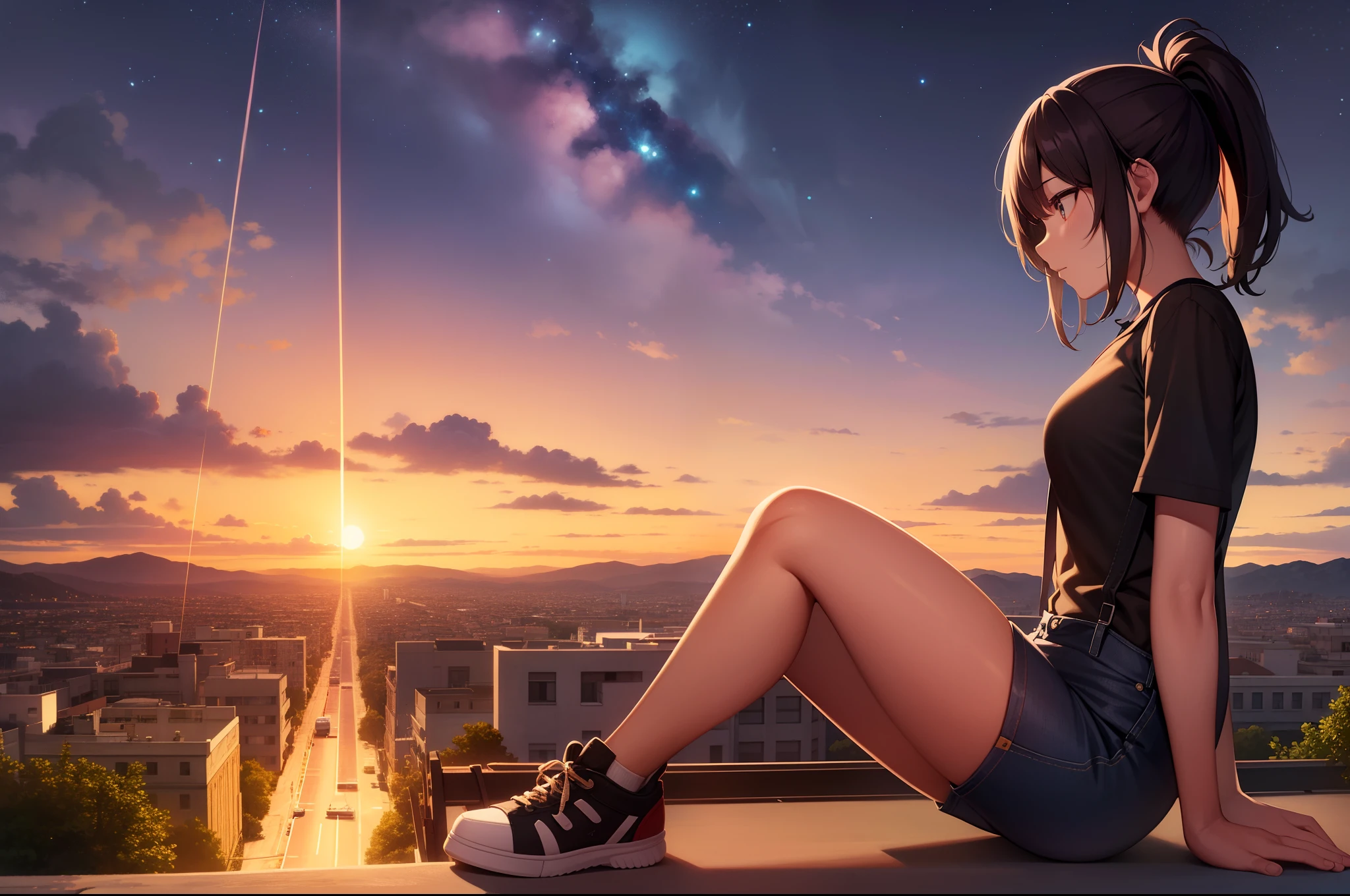 in style of hayao miyazaki，（Hayao Miyazaki animated film：1.4），1 Outdoor girls，Denim suspenders，short- sleeved，athletic sneakers，short hair ponytail， late， starrysky， in a panoramic view， scenecy， horizon，Town rooftop， sitting on rooftop， ventania，The wind ruffled the long hair，super-fine，Works of masters，high qulity，8K分辨率，depth of fields，电影灯光，Epic shooting，high qulity，super-fine，Detailed pubic hair，Accurate，Cinematic lighting，（（best qualtiy））， （（tmasterpiece））， （A detailed：1.4），Enhanced dynamic perspective