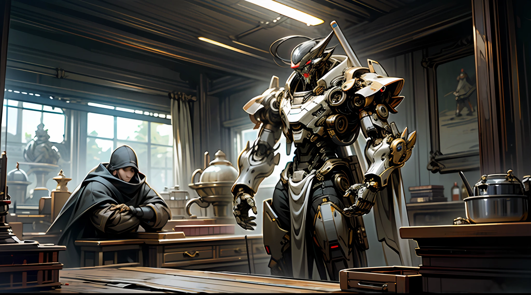 Dark_fantasy,,Red:1.1),1人,Mechanical Wonder,Robotic presence,cybernetic guardians,wearing a worn-out mech suit，iintricate，（Ferrous），ellegance，Clear focus，Photo by Greg Rutkowski，full armour，gentlesoftlighting，faucet，vivd colour，tmasterpiece，（(The background is in the repair room）），Meticulous parts，dynamicposes，