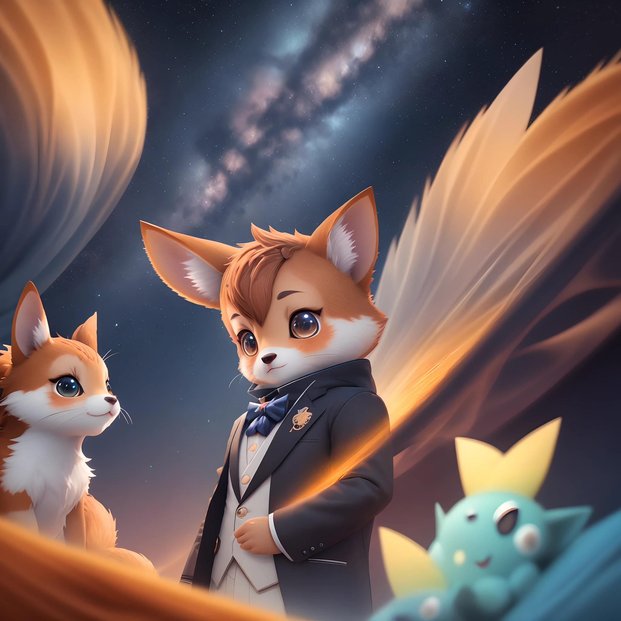 Raposa no traje espacial, pintura digital bonito, Cute 3D rendering, Starry sky background, personagens bonitos dos desenhos animados, stylized rendering, arte do personagem renderizando arte do personagem 8k, digital art render! c4d