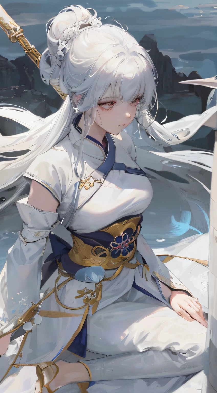 a close up of a woman with a sword in a white dress, a character portrait by Yang J, trending on cgsociety, fantasy art, beautiful character painting, artwork in the style of guweiz, guweiz, white hanfu, flowing white robes, full body wuxia, epic exquisite character art, stunning character art, beautiful female assassin