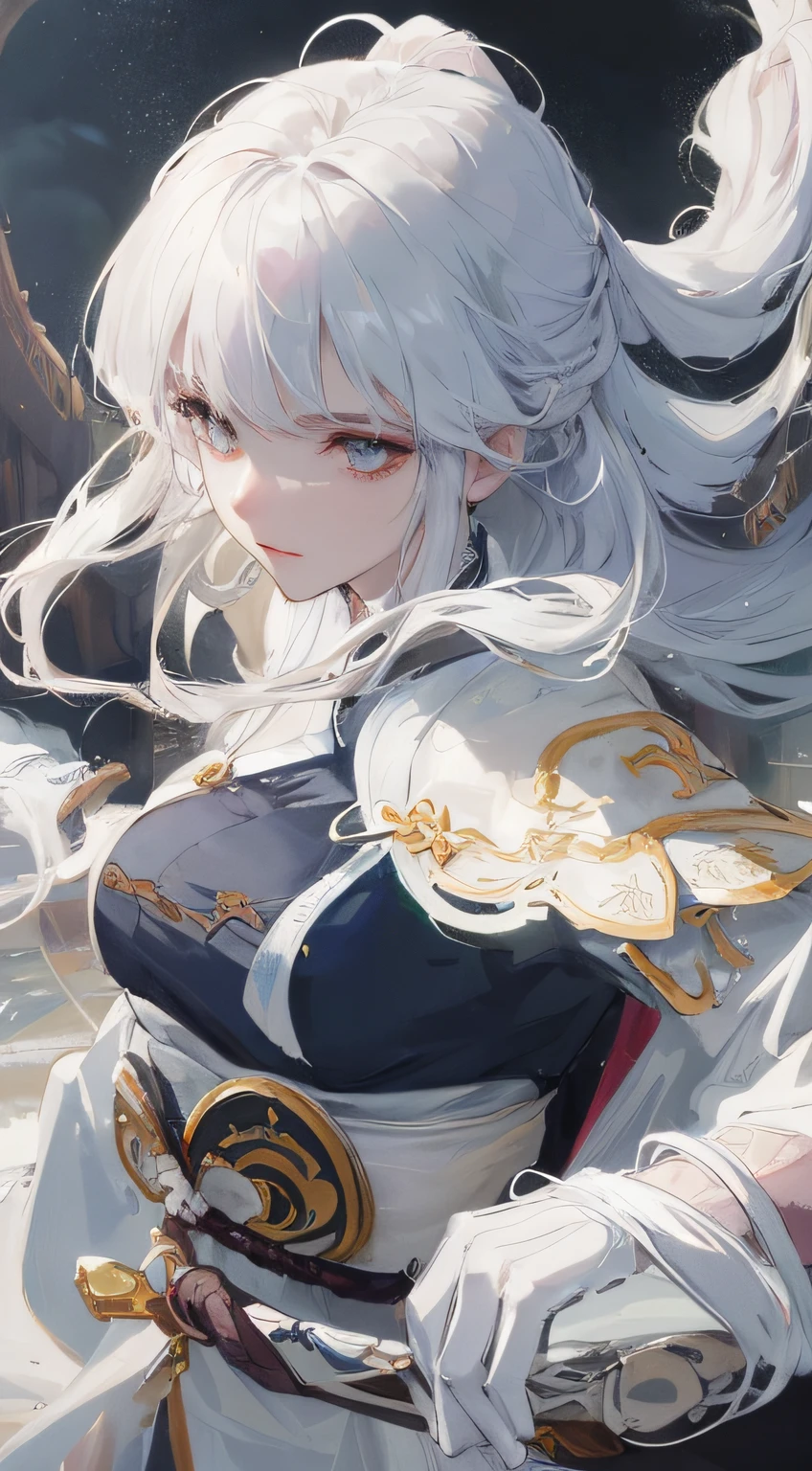 a close up of a woman with a sword in a white dress, a character portrait by Yang J, trending on cgsociety, fantasy art, beautiful character painting, artwork in the style of guweiz, guweiz, white hanfu, flowing white robes, full body wuxia, epic exquisite character art, stunning character art, beautiful female assassin