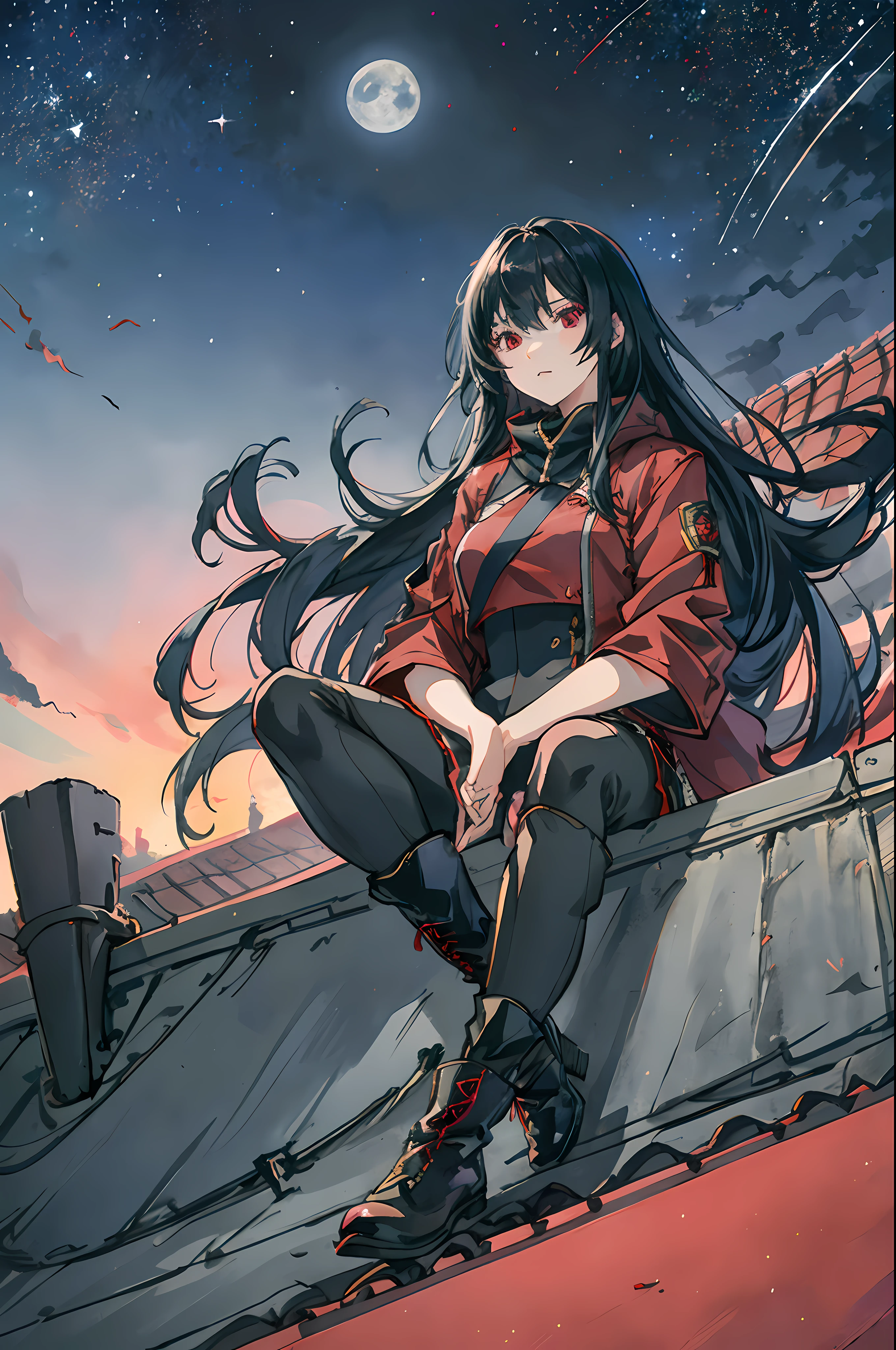 1girll,Solo,full_Body,(Tall:1.1),black_Hair,Long_Hair,Thick_Hair,bangs,Red_Eyes,mediating_Breasts,Sitting,Coat,Shorts,Pantyhose, Boots, scenery, sitting on rooftop，horizon， the roof，Moon,Night sky, Star, Masterpiece,Best quality,A high resolution,absurderes, Break,