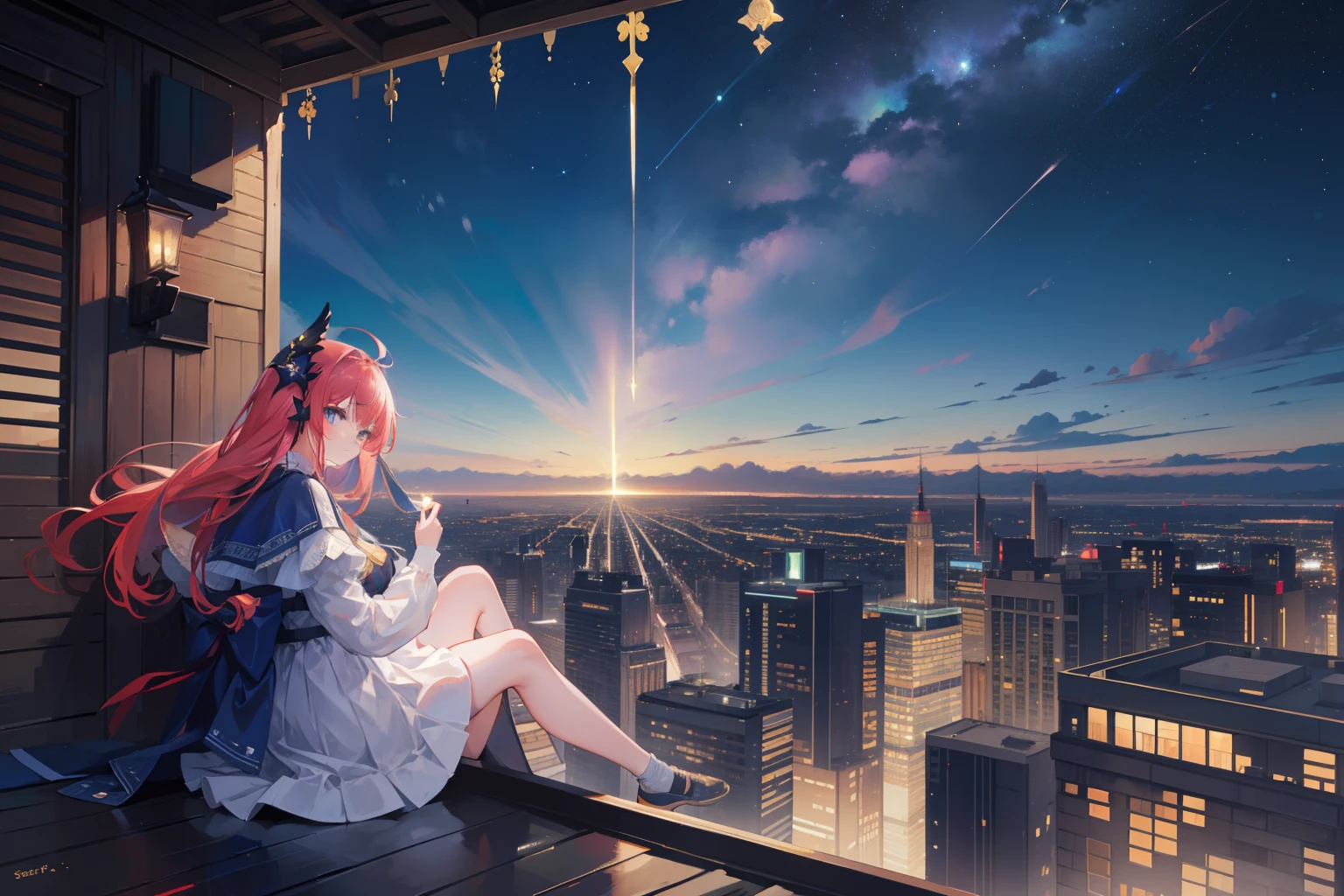 8K, Super detail, ccurate, Best quality, Masterpiece, Super detail, High details, High quality, Best quality, A high resolution,1 Outdoor girls, late, starrysky, in a panoramic view, scenecy, horizon, the roof, sitting on rooftop, ventania