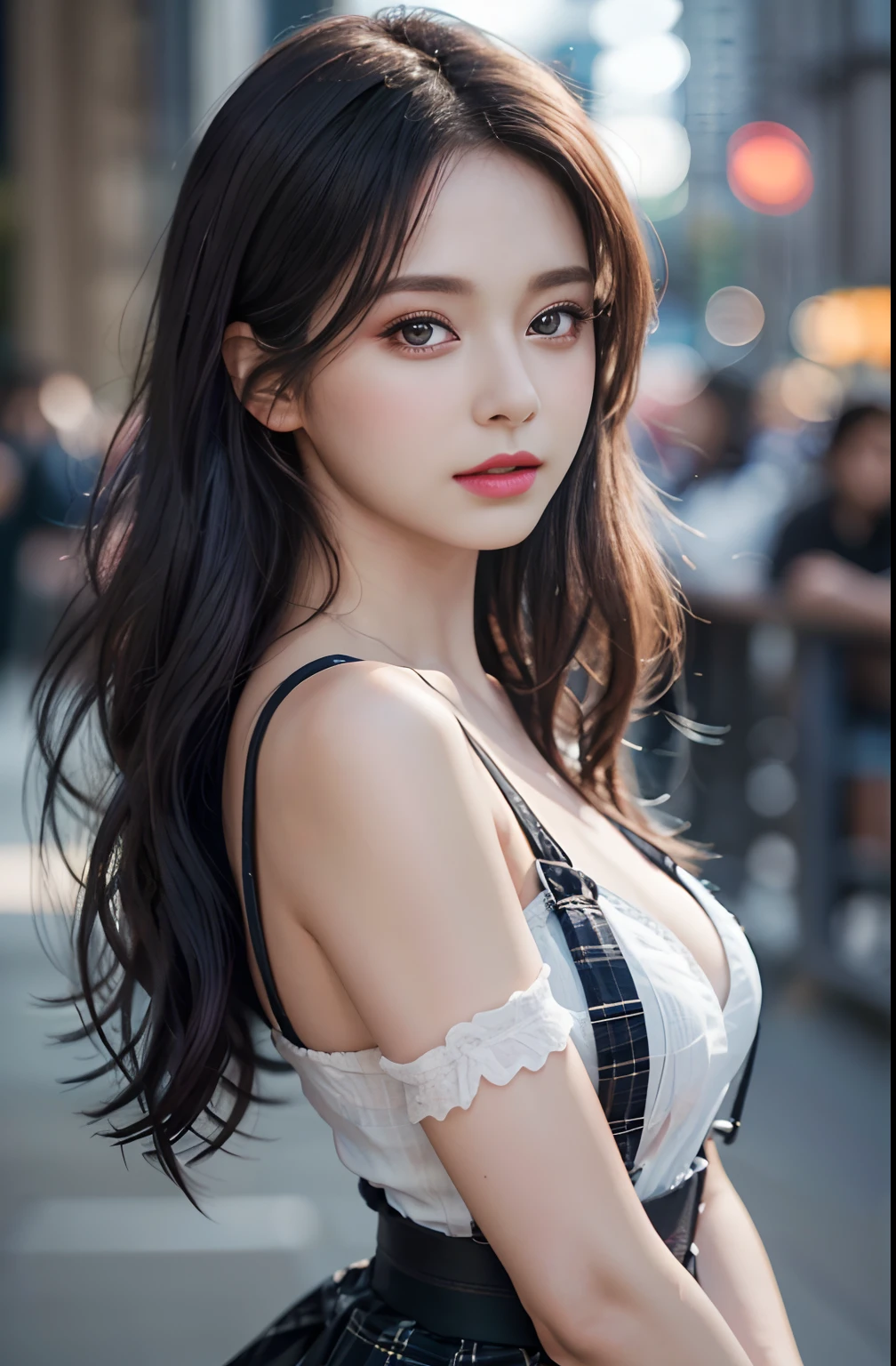 (Raw photo, Best Quality), (Realistic, Photorealsitic:1.4), masterpiece, extremely delicate and beautiful, Extremely detailed, 8k wallpaper, amazing, finely detail, extremely detailed CG Unity, hight resolution, (Dark park at midnight), (Dark background), Sophisticated girl, black knit, loose clothes, hair messy, bangs, brown hair, modern, stylish, 