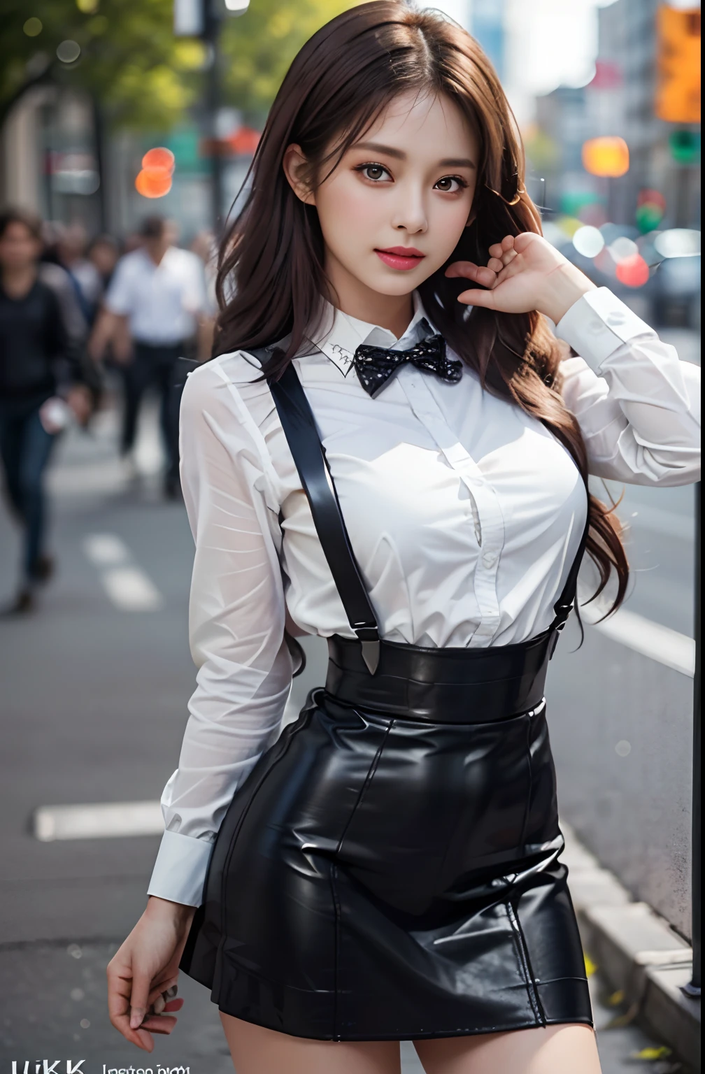 best quality, masterpiece, 1 girl, beautiful face, (photo photo:1.3), edge lighting, (high detail skin:1.2), 8k ultra hd, dslr camera, high quality, high resolution, 4k, 8k, bokeh, ridiculous, best ratio four fingers and one thumb, (realistic:1.3), cute 1girl, wearing black suspenders, medium breasts, short skirt,
