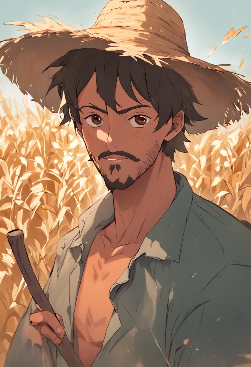 HOMEM, BRASILEIRO, ZONA RURAL, FELIZ, with a hoe in hand, TRABALHANDO, PORTRAIR, WITH STRAW HAT ON HIS HEAD
