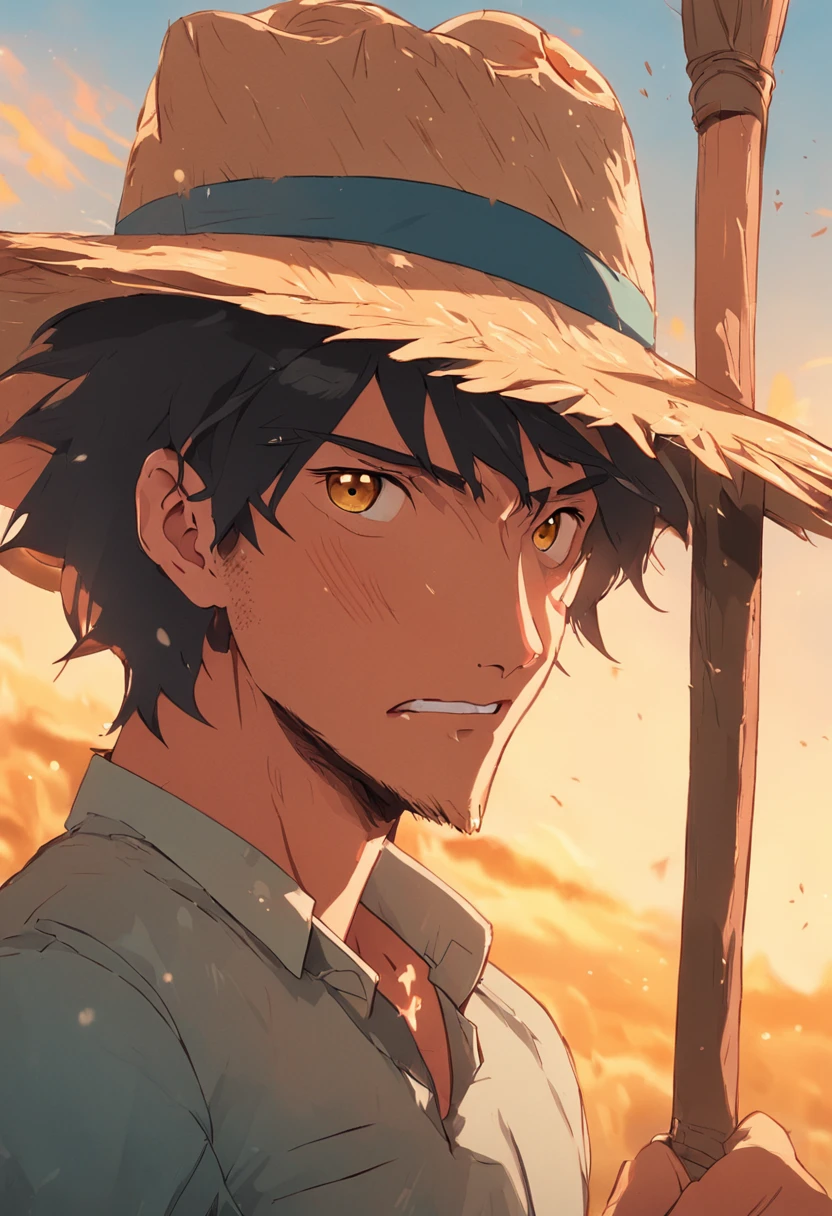 HOMEM, BRASILEIRO, ZONA RURAL, FELIZ, with a hoe in hand, TRABALHANDO, PORTRAIR, WITH STRAW HAT ON HIS HEAD