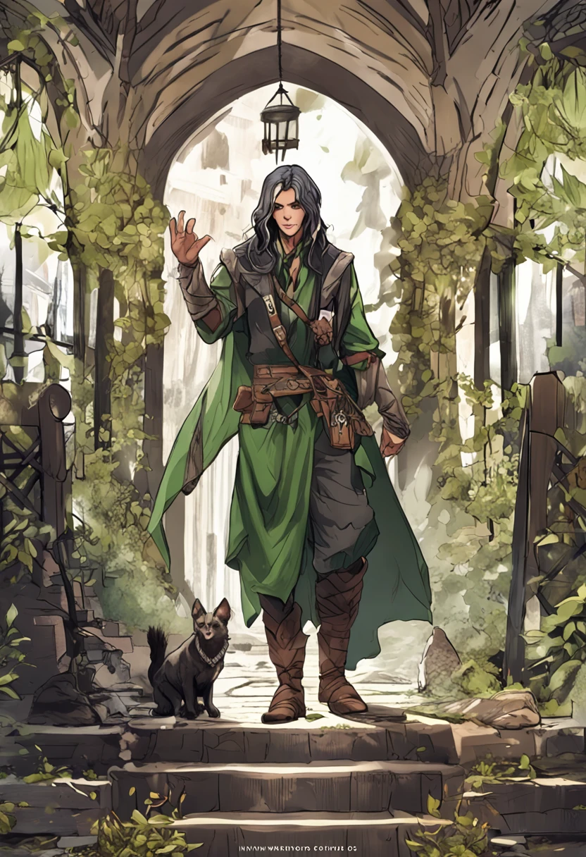 Medieval, homem, Loiro, foto inteira, olhos verdes, grimoire in hand, roupas de plebeu, roupa preta, cabelo curto, estilo anime realista