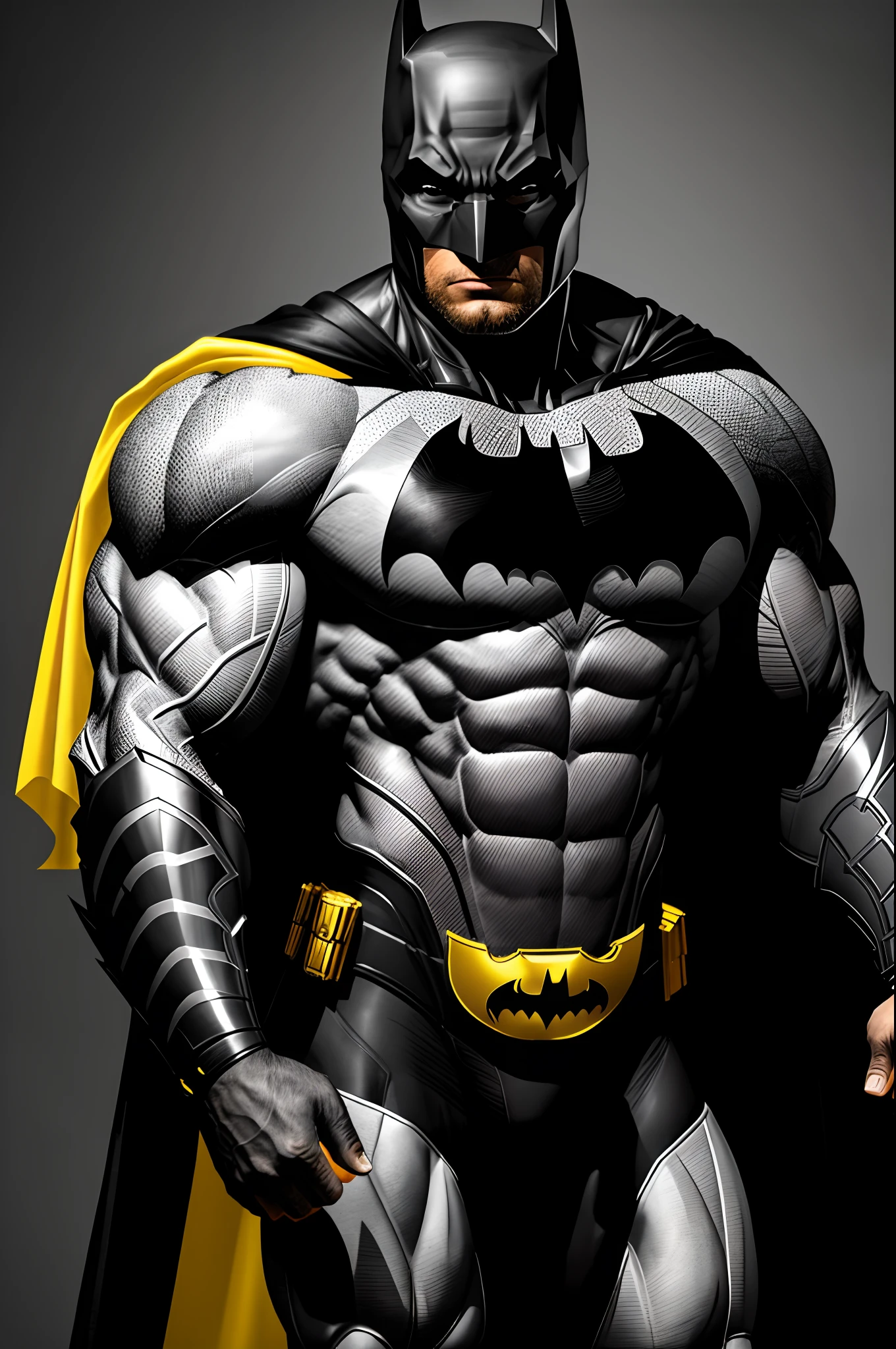 (16k, foto RAW, melhor qualidade, obra-prima: 1.2), ultra-detalhado, arte formal, foto realismo: 1.37, foto do corpo inteiro, (homem, beleza ,( CHRIS BUMSTEAD)film grain, BATMAN DC,action pose ACADEMIA,anilhas ((BATMAN ))detalhes, PRETO,AMARELO,CINZA,anilhas