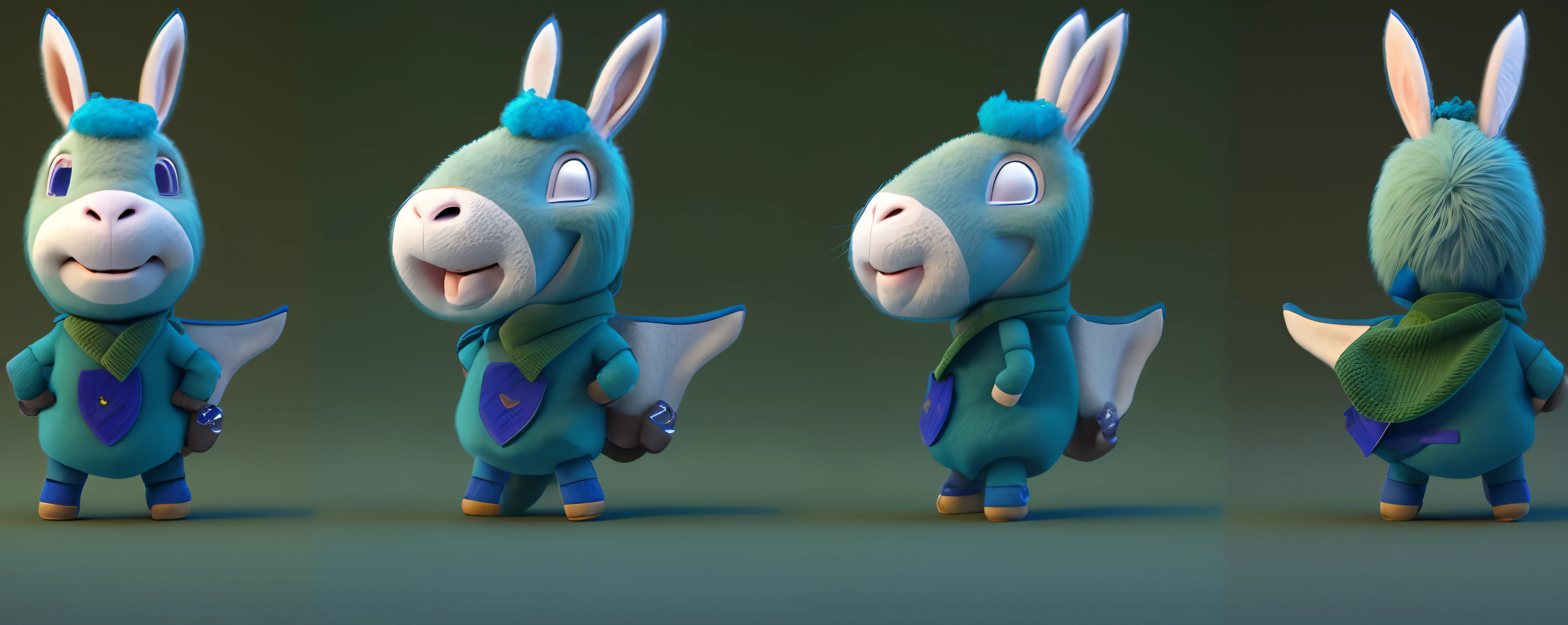 Cartoon donkey in green and blue shirt，blue capelet, donkey_Character, toonix character, Electric donkey, merged character, Anthropomorphic donkey, Four different shooting angles, Donkey robot, mascot illustrations, Herren. nimbus character design, full body mascot, hd illustration, Donkey warriors, Cute anthropomorphic donkey