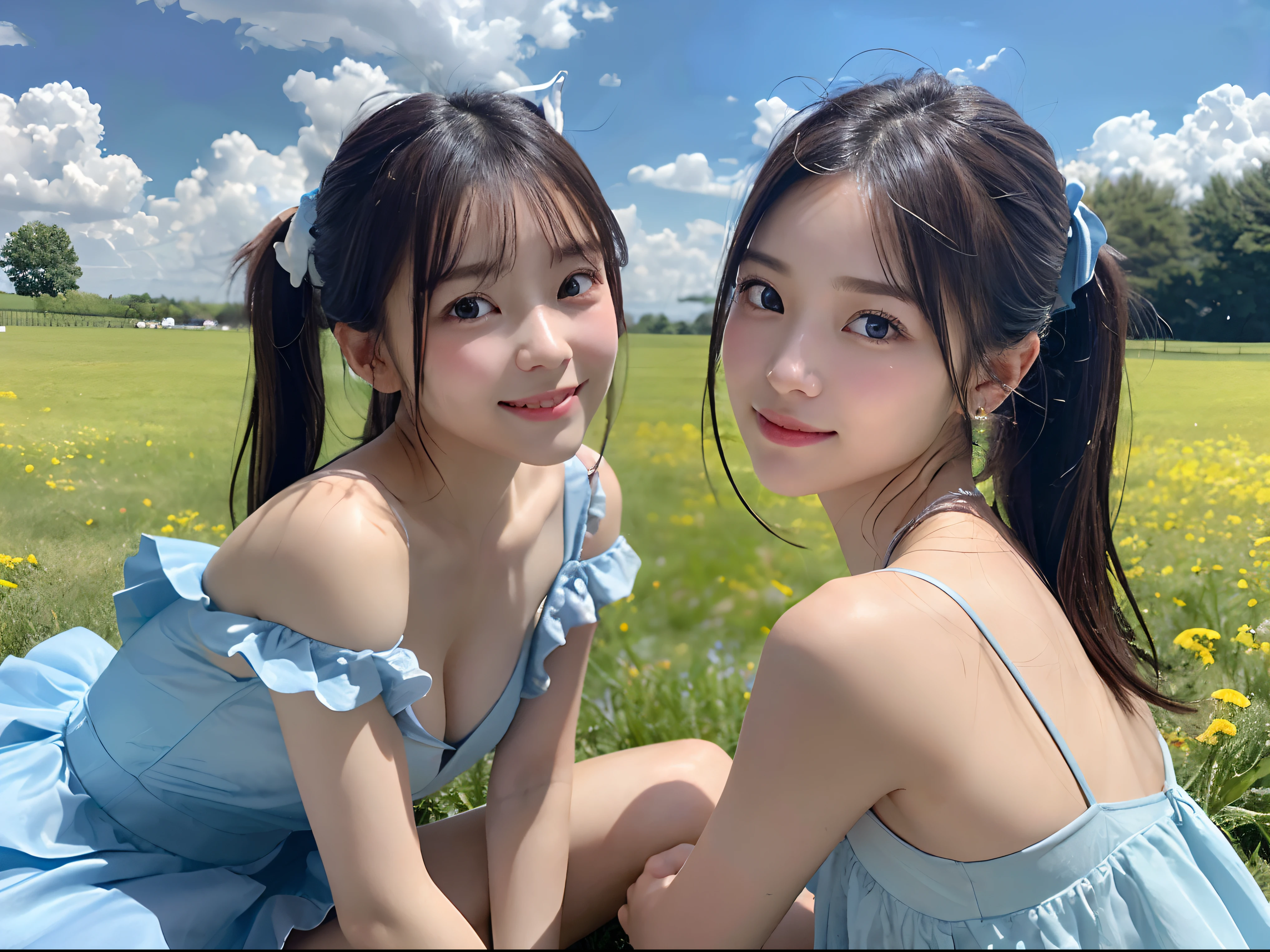 (Close up portrait of one girl with slender small breasts with twin-tailed hair in blue ruffled dress:1.5)、(Girl looking at camera from behind:1.3)、(Green meadow with blue sky and white clouds floating:1.3)、(Perfect Anatomy:1.3)、(complete hands:1.3)、(complete fingers:1.3)、Photorealsitic、Raw photography、masutepiece、top-quality、hight resolution、delicate and pretty、face perfect、Beautiful detailed eyes、Fair skin、Real Human Skin、pores、((thin legs))、(Dark hair)
