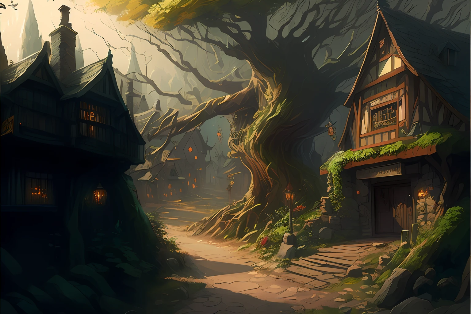 there is a painting of a small village in the woods, medeival fantasy town, fantasy town setting, 4k fantasy art, fantasy town, fantasy style art, andreas rocha style, detailed digital 2d fantasy art, digital 2d fantasy art, village in the woods, fantasy art behance, inspired by Andreas Rocha, bussiere rutkowski andreas rocha