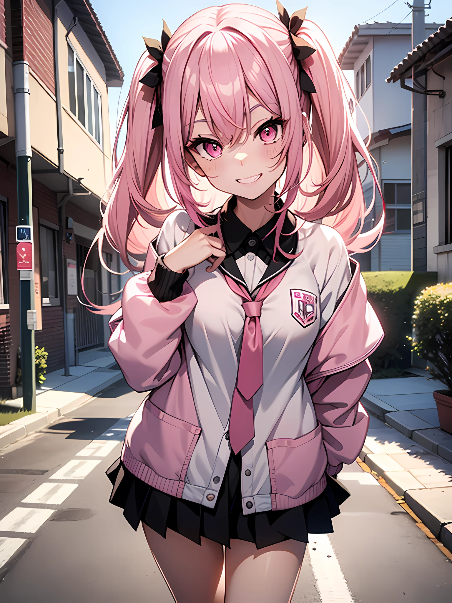 looking back、blush {{{{{smug}}}}} {{squinting eyes}} fang open mouth、{{{{femboy、fake girl、flexible、thin、flat chest、Poor chest、sloped shoulder}}}}、{{thinウエスト、huge ass}}、{{{{pink hair、long hair、twintails、wavy hair、two-tone hair, blue hair, pink hair}}}}、{{{{giggling、blazer, school uniform、cardigan、mini skirt、earring}}}}、{{{{cardigan}}}}