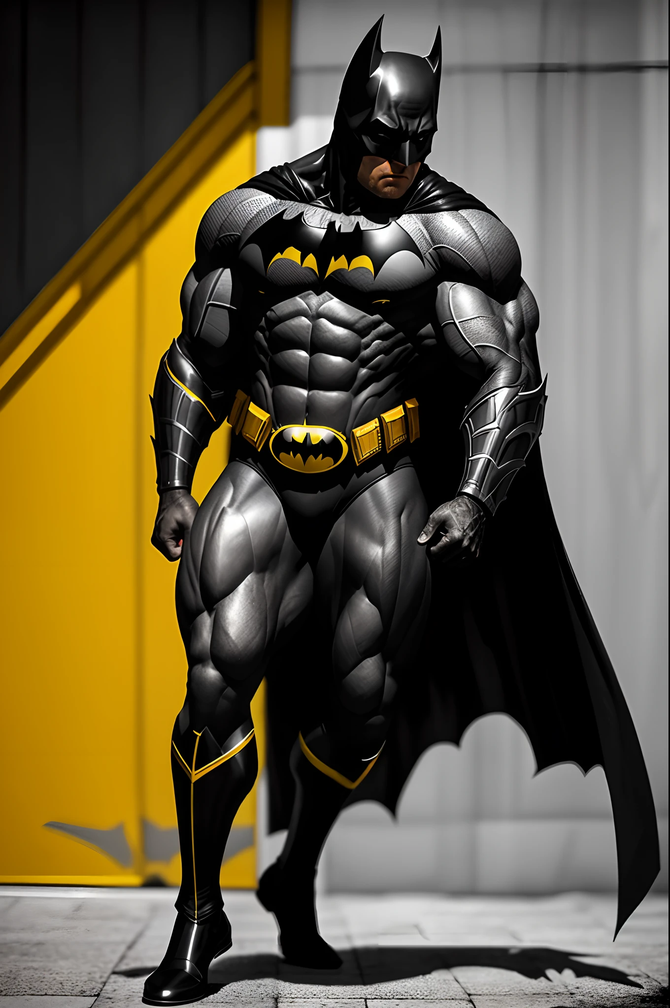 (16k, foto RAW, melhor qualidade, obra-prima: 1.2), ultra-detalhado, arte formal, foto realismo: 1.37, foto do corpo inteiro, (homem, beleza ,( CHRIS BUMSTEAD)film grain, BATMAN DC,action pose ACADEMIA,anilhas ((BATMAN ))detalhes, PRETO,AMARELO,CINZA,anilhas