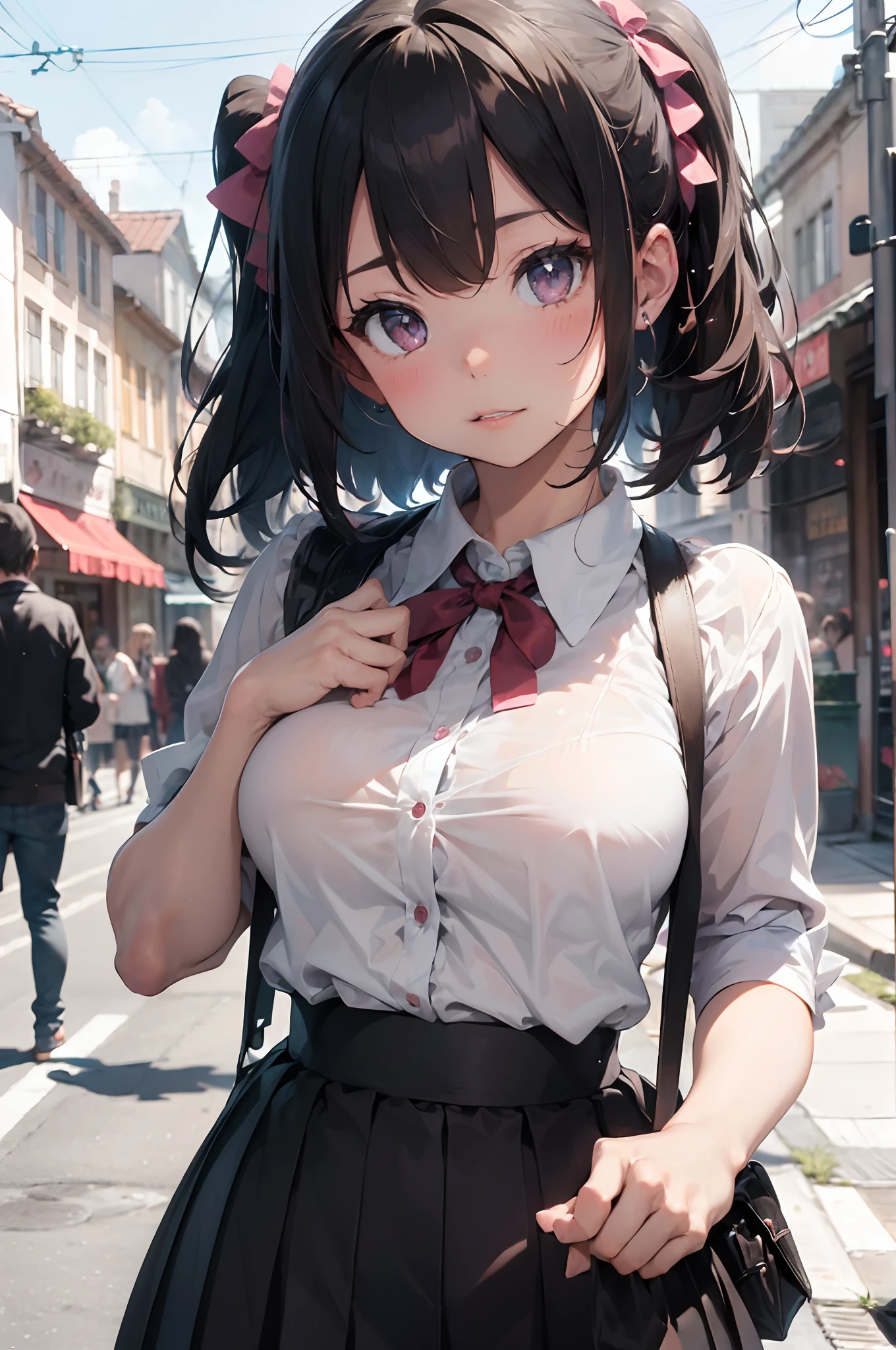 beautiful, masterpiece, best quality, extremely detailed face, perfect lighting, 1girl, solo, 

photorealistic illustration,in street,crowded man,sex,kawaii girls and man, showing pussy, pussy juice, blush, motion lines, crowded,angry,
pov, looking at viewer,
large breasts,frilled shirt collar, pleated skirt, black ribbon, hair ribbon, pink shirt, nsfw,