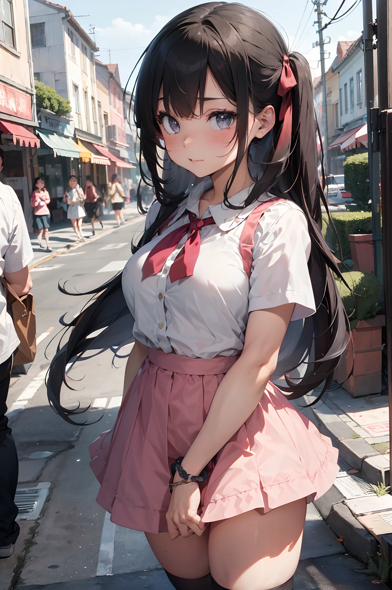 beautiful, masterpiece, best quality, extremely detailed face, perfect lighting, 1girl, solo, 

photorealistic illustration,in street,crowded man,sex,kawaii girls and man, showing pussy, pussy juice, blush, motion lines, crowded,angry,
pov, looking at viewer,
large breasts,frilled shirt collar, pleated skirt, black ribbon, hair ribbon, pink shirt, nsfw,