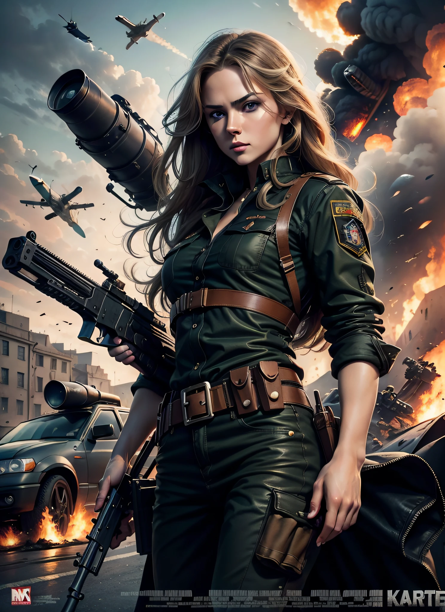 Commando movie poster, beautiful female soldier，cabellos largos dorados, With a large gun in his hand, rivet, blasts, The Car, Planes, just one body，ultraclear，8K，Extreme detail