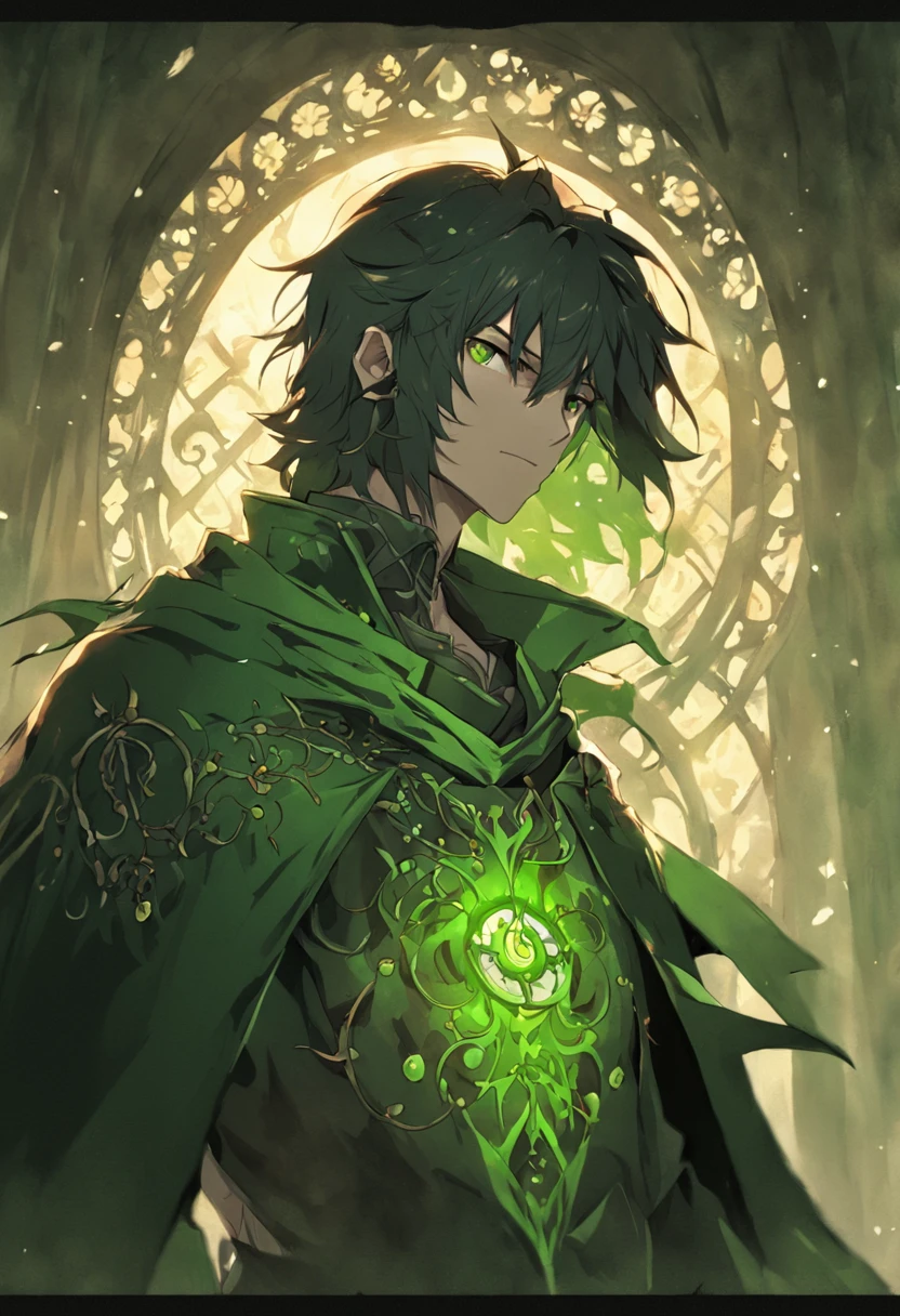 Medieval, homem, Loiro, foto inteira, olhos verdes, grimoire in hand, roupas de plebeu, roupa preta, cabelo curto,