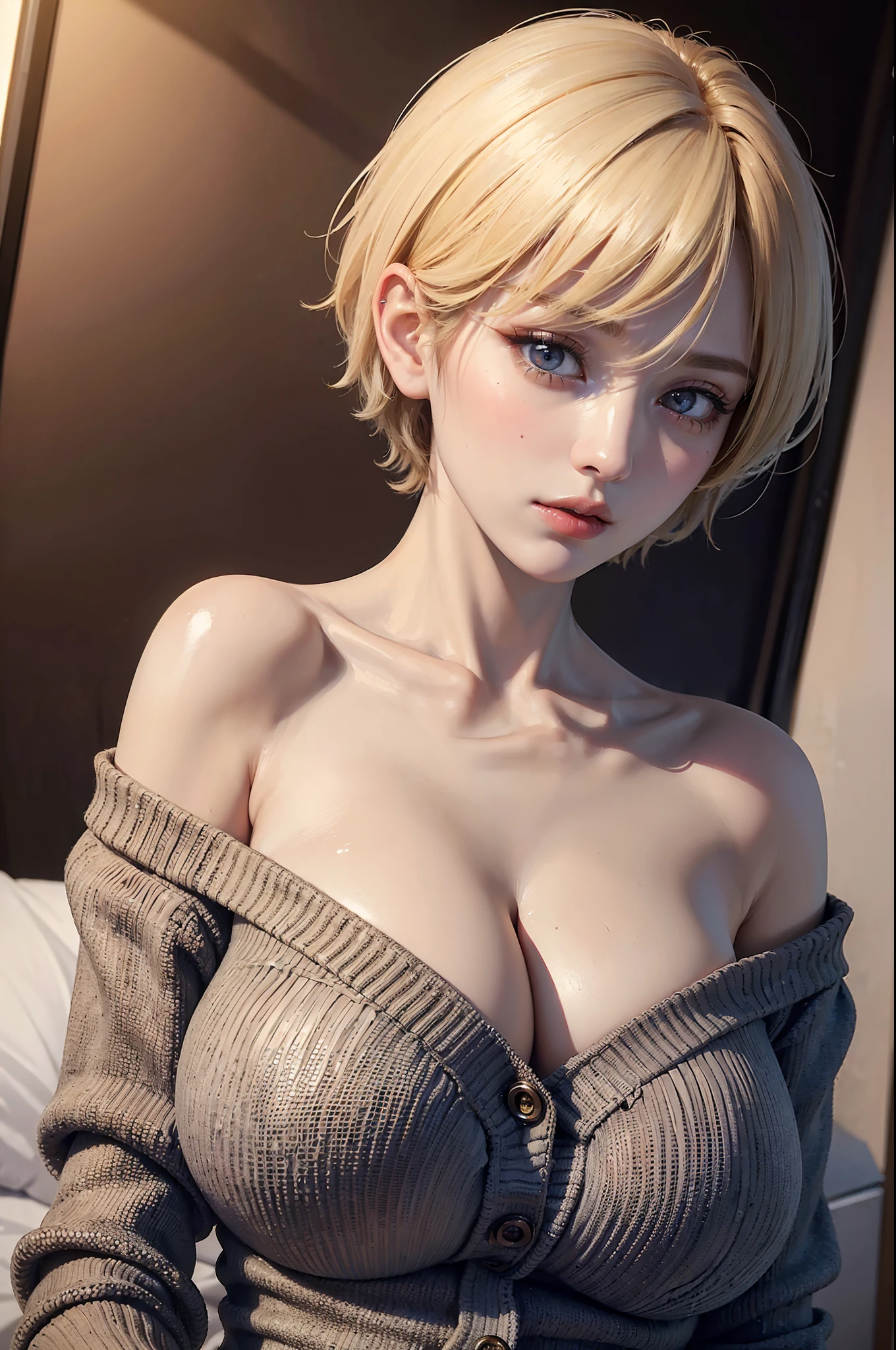 ((Best quality, 8k, Masterpiece :1.3)), 1girl, Pretty woman with slender abs :1.3, (Medium-short hair, Huge breasts :1.2), Cardigan :1.1, Ultra-detailed face, Detailed eyes, Double eyelid