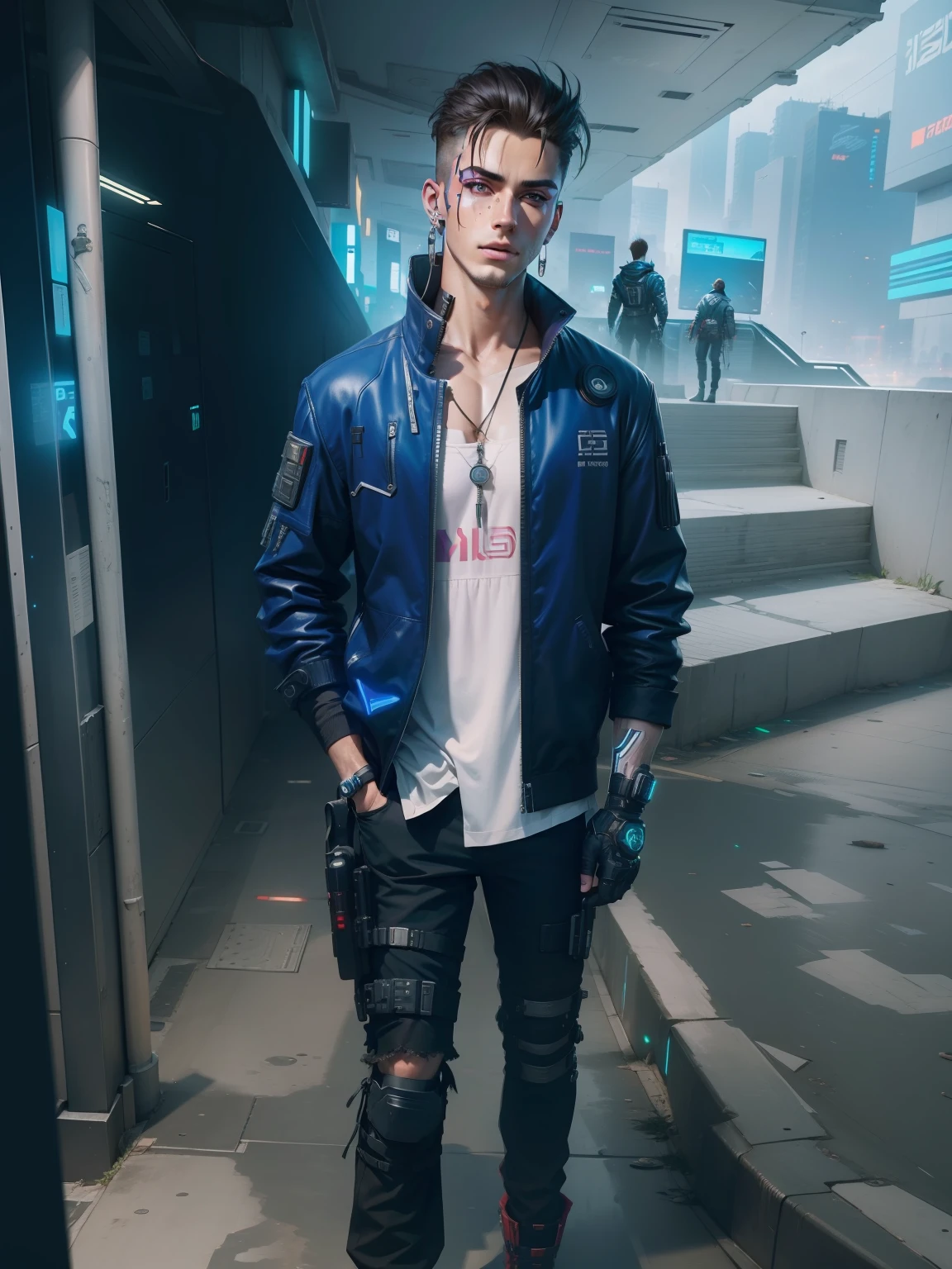 Change background cyberpunk handsome boy in realistic face in 8k