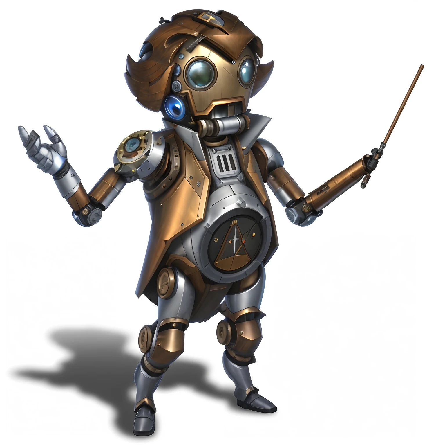 A closeup of a robot with a stick in hand, personagem starfinder, steampunk robot, Estilo Starfinder, Anthropomorphic _ Humanoid, cute elaborate epic robot, Starcraft 2 personagem de videogame, Deus grego no estilo mecha, anthropomorphic humanoid, Estilo Starfinder, steampunk automaton, Homem de Ferro Steampunk, beautiful robot character design, wearing a magician's hat