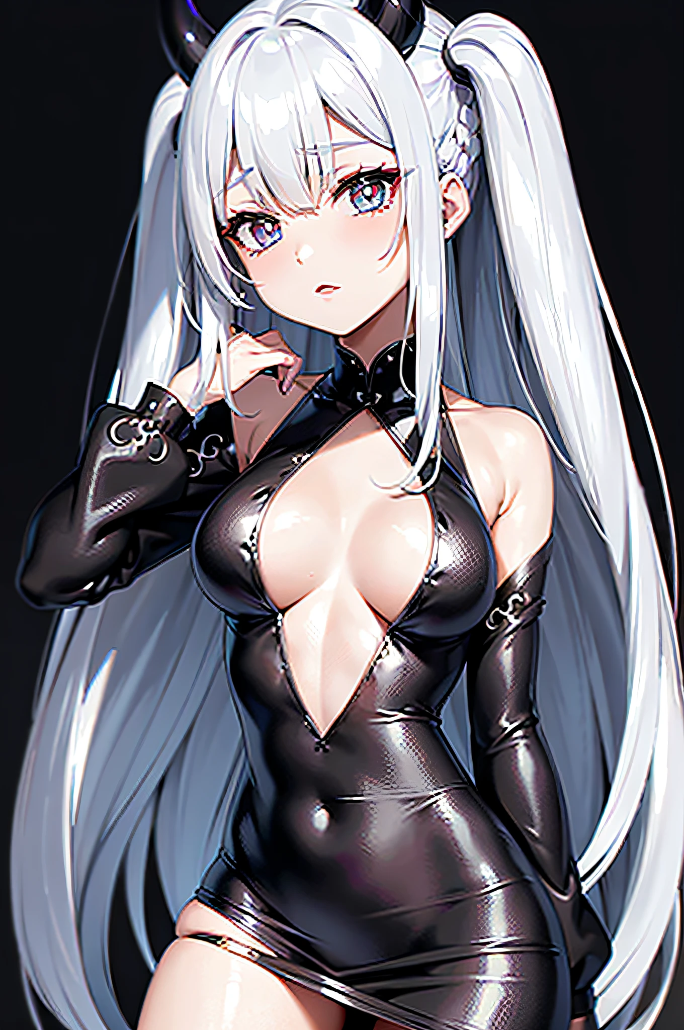 1人 clean line drawings Black dress,girl with white hair Longhaire horns grow demon girls Gravure Pose