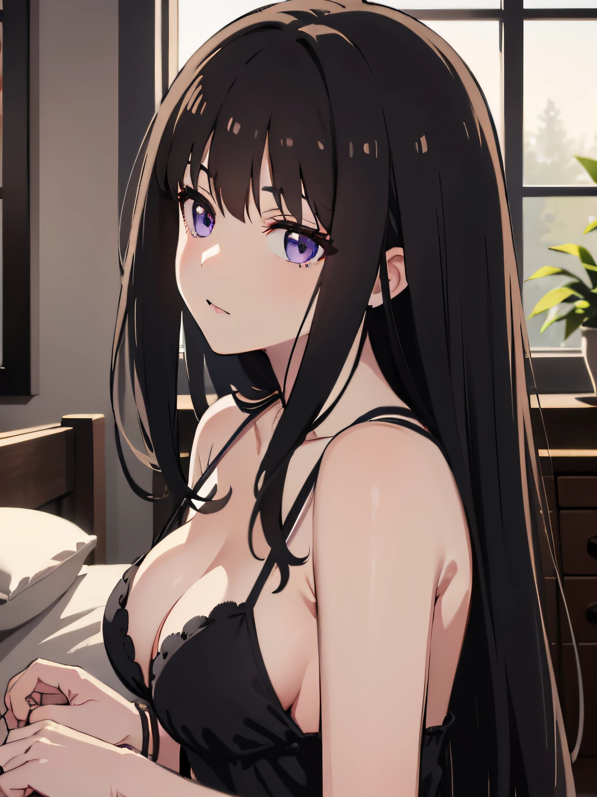 (best quality, masterpiece, extremely detailed, uhd, 8k wallpaper, highres), Inoue Takina, one anime woman, long hair, black hair, ((busty, medium breasts, cleavage)), POV, close up, nightgown, black dress, (detailed eyes, beautiful eyes), (purple eyes:1.2), indoor, on the bed, bedroom, natural light, dynamic pose, (from side, side angle), looking to viewer,