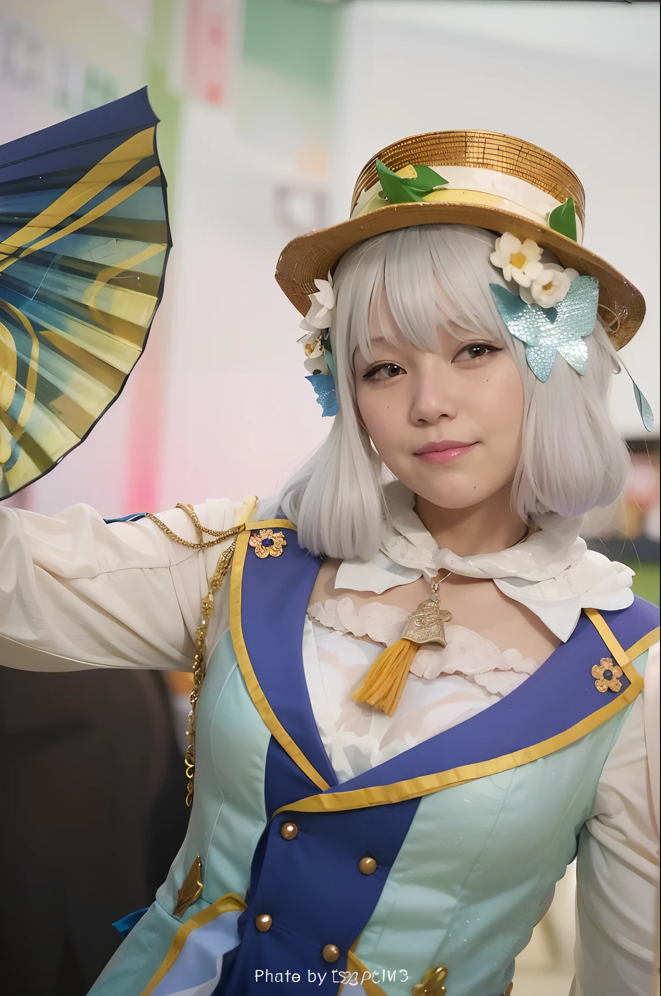 there is a woman with a hat and a blue dress holding an umbrella, cosplayer, anime cosplay, cosplay, shikamimi, anime girl cosplay, ornate cosplay, cosplay photo, professional cosplay, sakimichan, cosplayer dressed like a crab, publicity cosplay, loli, captured on canon eos r 6, ayaka cosplay, waifu