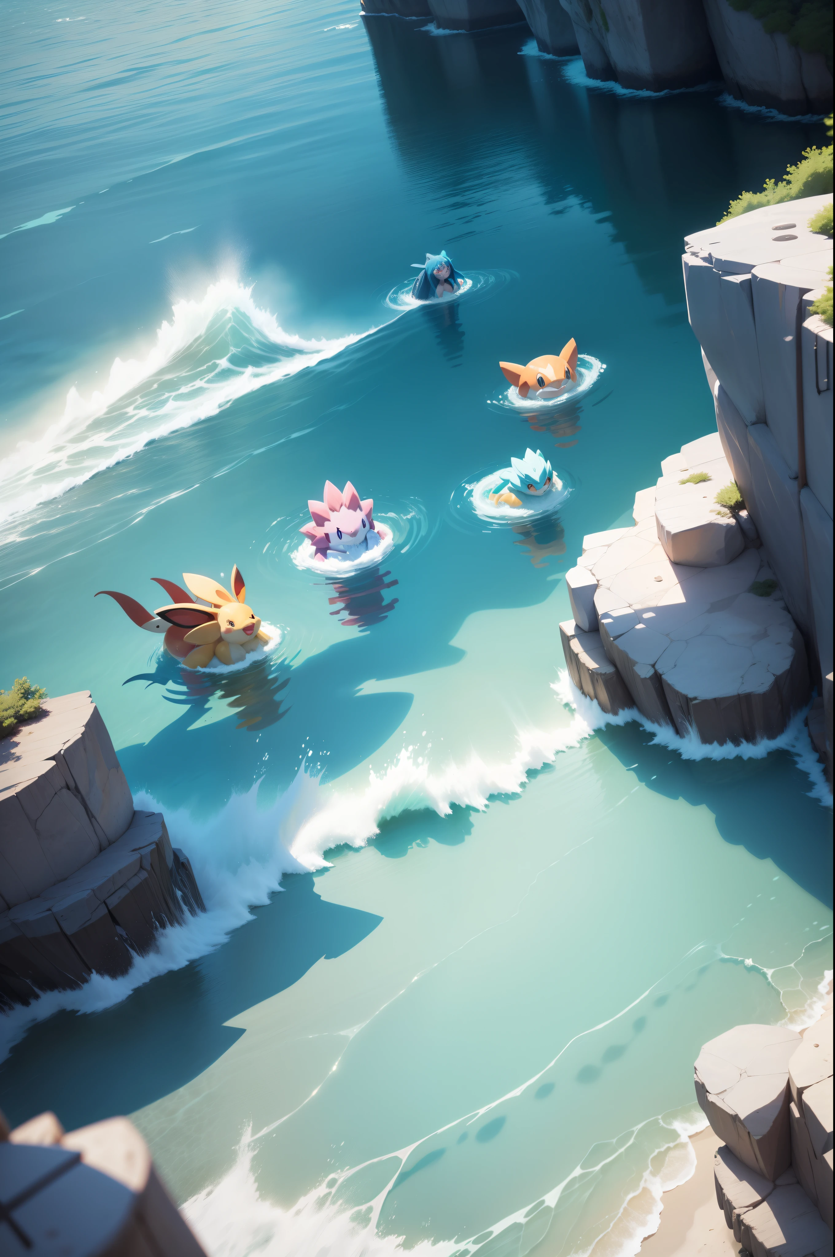 Cartoon illustration of a group of Pokemon swimming in the ocean, colorful kids book illustration, Colorful illustration, summer swimming party, Game illustration, cute illustration, Purely scenic, childrens art in artstation, 2. 5 d illus, children's book illustrations, animation illustrative style, In the sea, 2 d illustration, 2D illustration, A beautiful artwork illustration, colorful illustrations, Beautiful shiny eyes, Like crystal clear glass