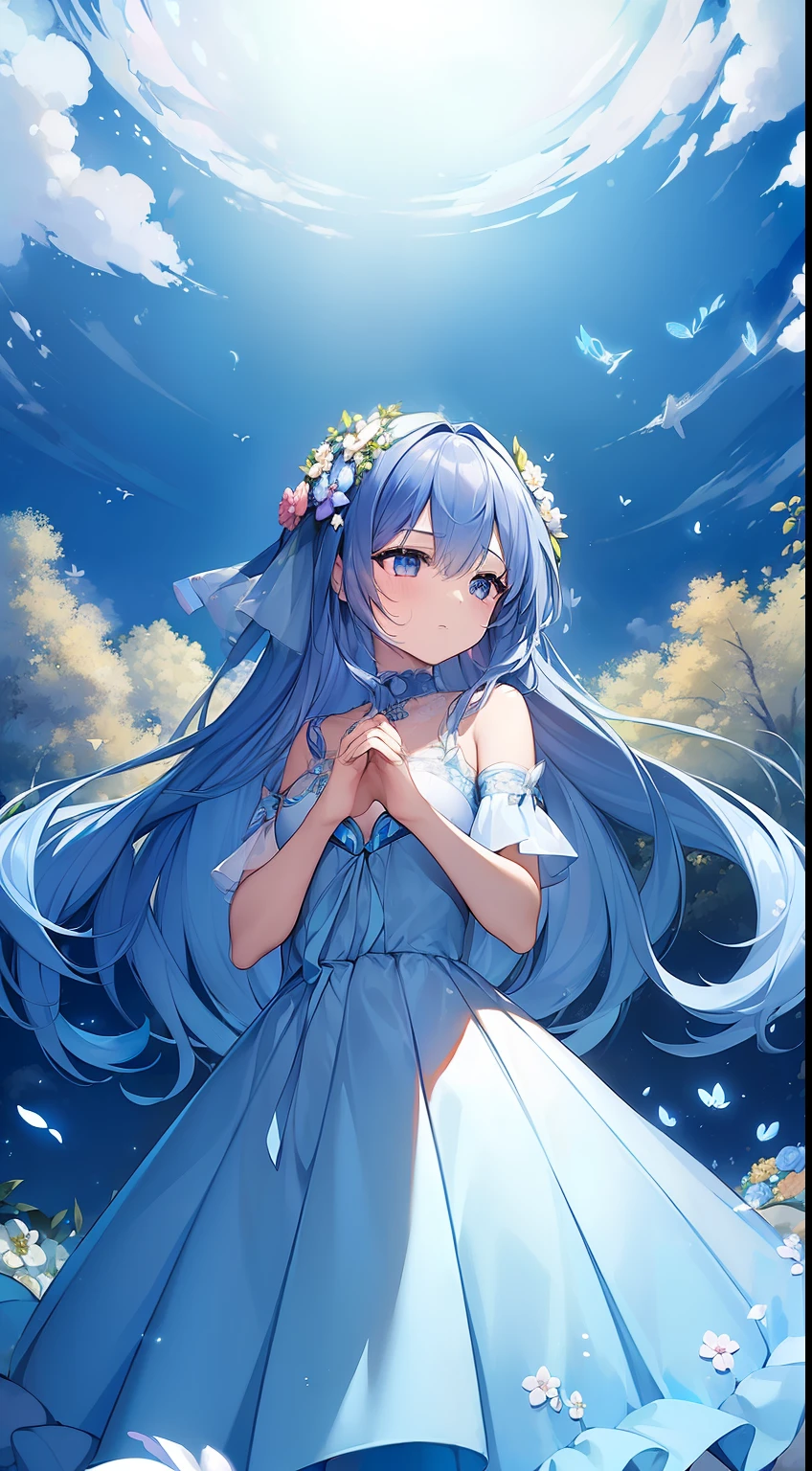 (((​masterpiece)))、(((top-quality)))、((ultra-detailliert))、The Spirit of the Earth to Come、Wind Spirit、Wearing flowers that invite dreams、Running under the blue sky、stormy、（Spring storms）Little butterfly flying around　beautifull hands、Good Hand、Dainty girl's hands、Beautifully aligned fingers