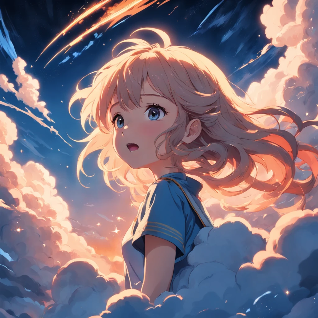 masterpiece, best quality, movie still, 1girl, cloud girl, floating in the sky, close-up, bright, happy, warm soft lighting, sunset, (sparks:0.7)