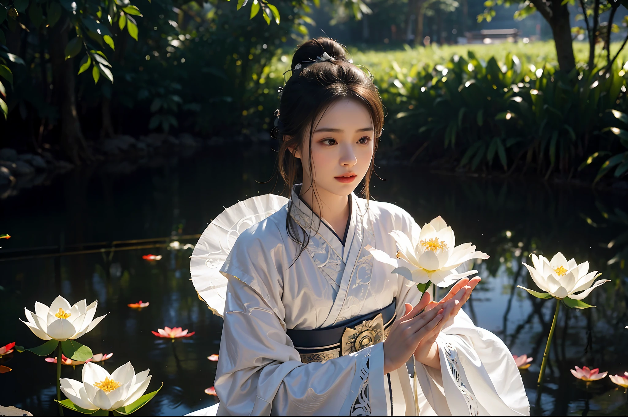 Realistic, close-up, intricate details, super detailed, natural skin texture, 1 girl, hair bundle, bun, beautiful Chinese woman in white hanfu robe cloak, fairy, white mist, golden light, white mist, outdoors, in Hangzhou West Lake, in ancient Chinese pavilion, (colorful, vivid, sunny, cool light: 1.2) lotus leaves in pond, delicate facial details, dynamic poses, exquisite details, wide field of view, epic details, global illumination - ar 3:2 - q 5 - v 5.1 - Style RAW-S 750, style influenced by ancient Chinese art, complex, high detail, sharp focus, dramatic, photorealistic painting art, lotus leaf, spring rain, bright, light, atmosphere, bright tones of spring, super detail, 16k, best quality, soft light, space, crystal clear, natural light, surreal photography,