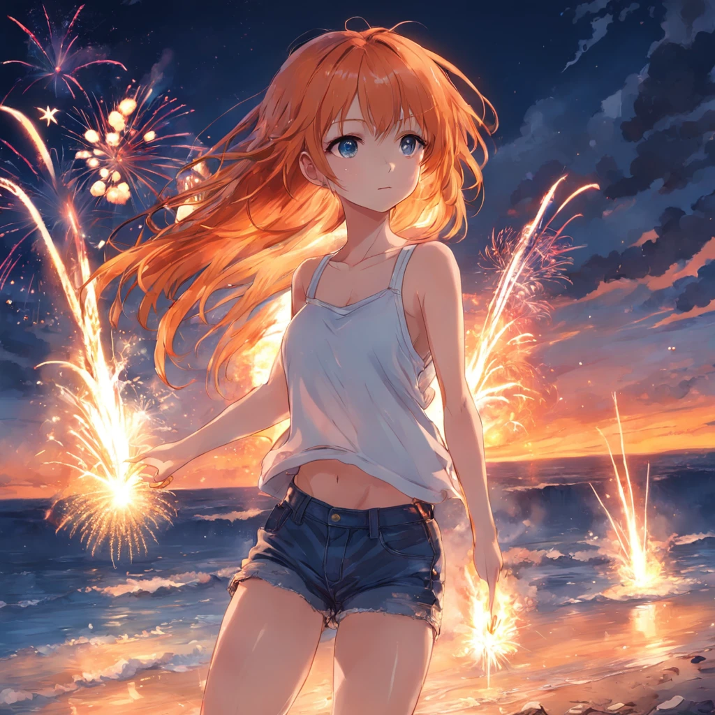 summer day,sea beach,fire works,Girl with orange hair,Wearing a white top,blue denim pants,Fireworks in hand。
