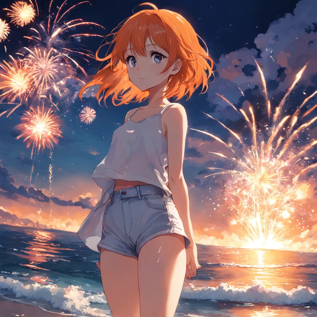 summer day,sea beach,fire works,Girl with orange hair,Wearing a white top,blue denim pants,Fireworks in hand。
