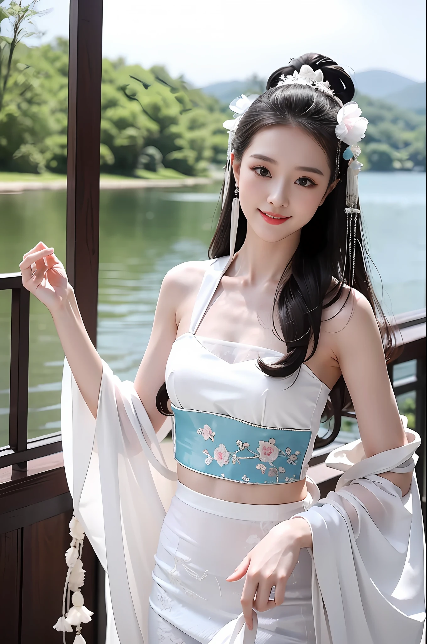 1girll，Exquisite，light  smile，Dancing by the lake，white colors|Cyan hanfu，Tulle Hanfu beauty，delicate patterns，Silk satin reflective，Textured clothes Glossy glossy skin，Ray traching，
best qualtiy，tmasterpiece，（Photorealsitic：1.4），Raised sexy