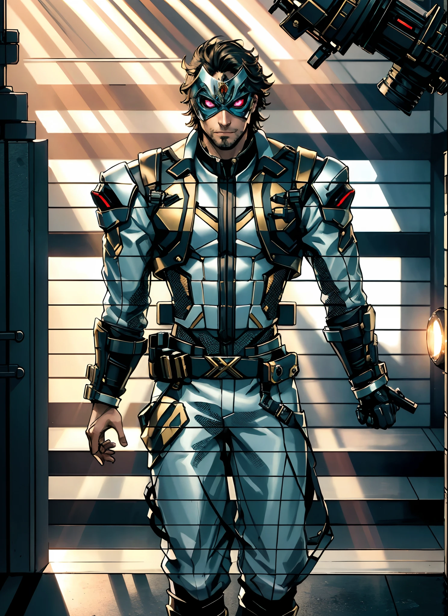 an adult man with messy short hair, adorned with a metallic beast mask, his gaze is cold and sharp, a smirk curling at the corner of his mouth, he's clad in a tight-fitting cyberpunk-style shirt, overlaid with a loose jacket, wears high-quality utility pants, his demeanor is cool and indifferent, this character epitomizes a meticulously designed sci-fi themed masked warrior in an anime aesthetic, characterized by a sophisticated and mature manga art style, ((character concept art)), high definition, best quality, ultra-detailed, extremely delicate, anatomically correct, symmetrical face, extremely detailed eyes and face, high quality eyes, creativity, RAW photo, UHD, 16k, (Natural light, professional lighting:1.2, cinematic lighting:1.5), (masterpiece:1.5)