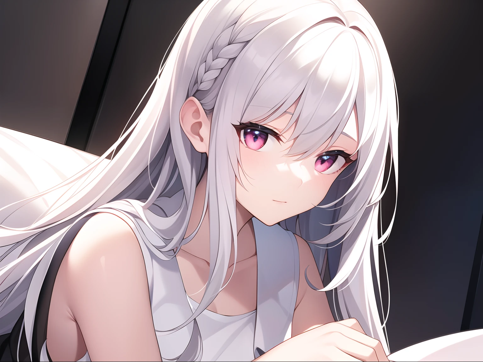 ((Masterpiece, Best quality))++, Detailed light+,  Detail hair+, detail hand+ ,1girll, woman, Long hair,   Crimson eyes,  Beautiful eyes, Young gray hair,,(Beautiful white hair:1.5),(Beautiful detailed eyes),    high resolution+,   blacksilk  ， a black skirt, Glass tones, Reflective eyes,   {{Angle}} , extremelydetailedwallpaper, Original, ,