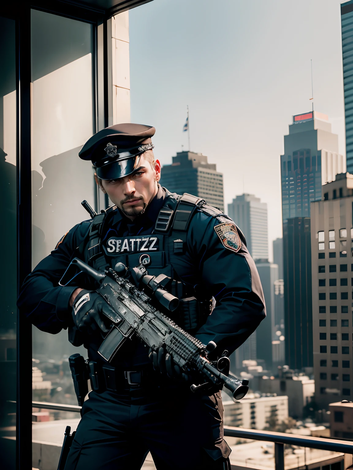 (left hand, black glove, holding gun)