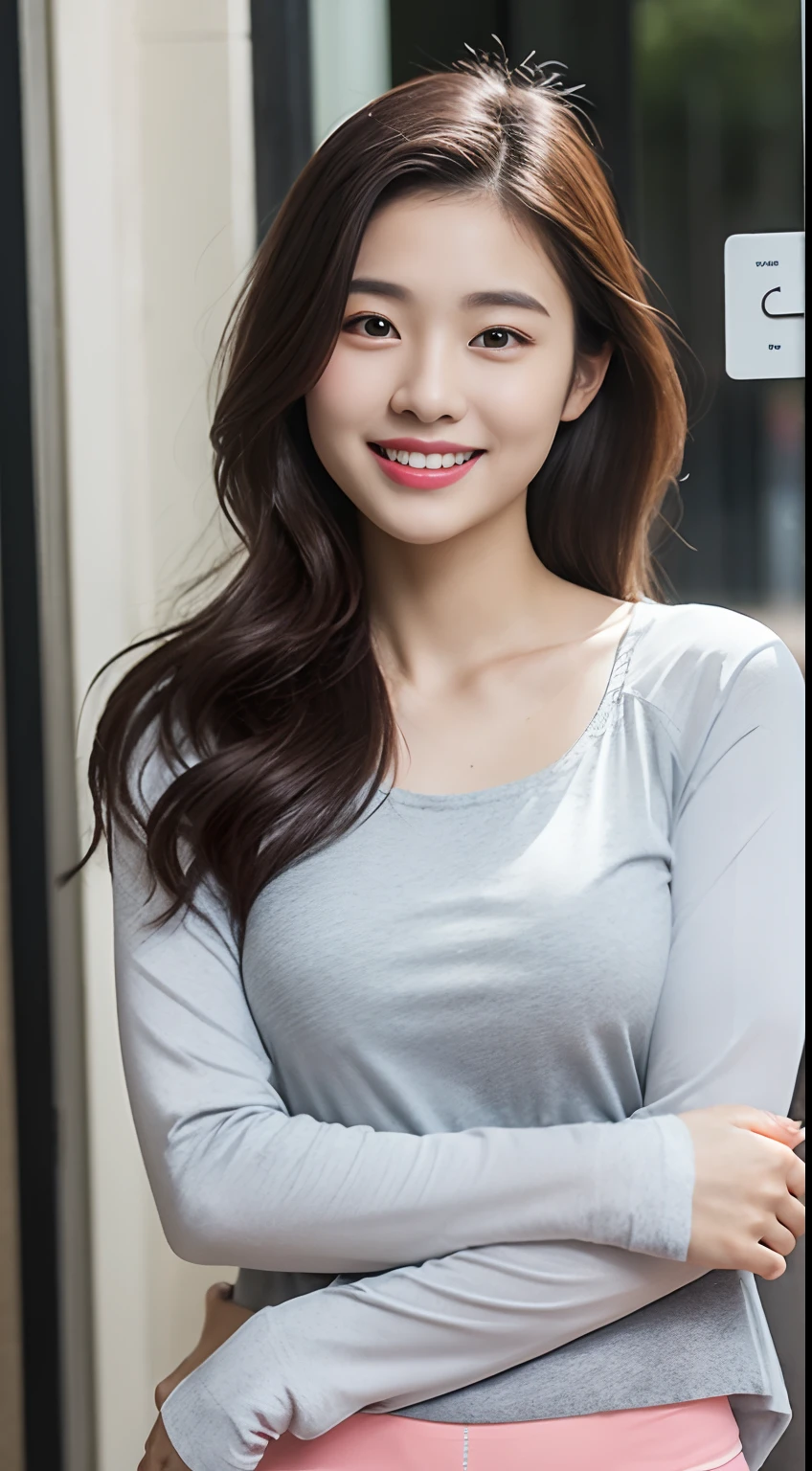 Highly detailed CG Unity 8k wallpaper, of the highest quality, masutepiece, Realistic, photographrealistic, extremely detailed cute girl, 21years old, Super small breasts, (get sweaty) , Round eyes, viewer, blush, Smile, Parted lips, Half body shot 、(Brown semi-long hair、Long Sleeve Yoga Wear)、Realistically reproduced , spats , sports gym、full body Esbian、Slimed、A slender、Model body type、beauty legs
