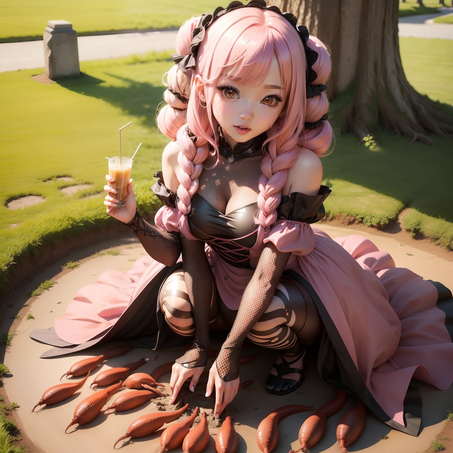 Female idol covered in earthworms(Cute costumes、)、Looks fun、full body Esbian、、夏天、pink there